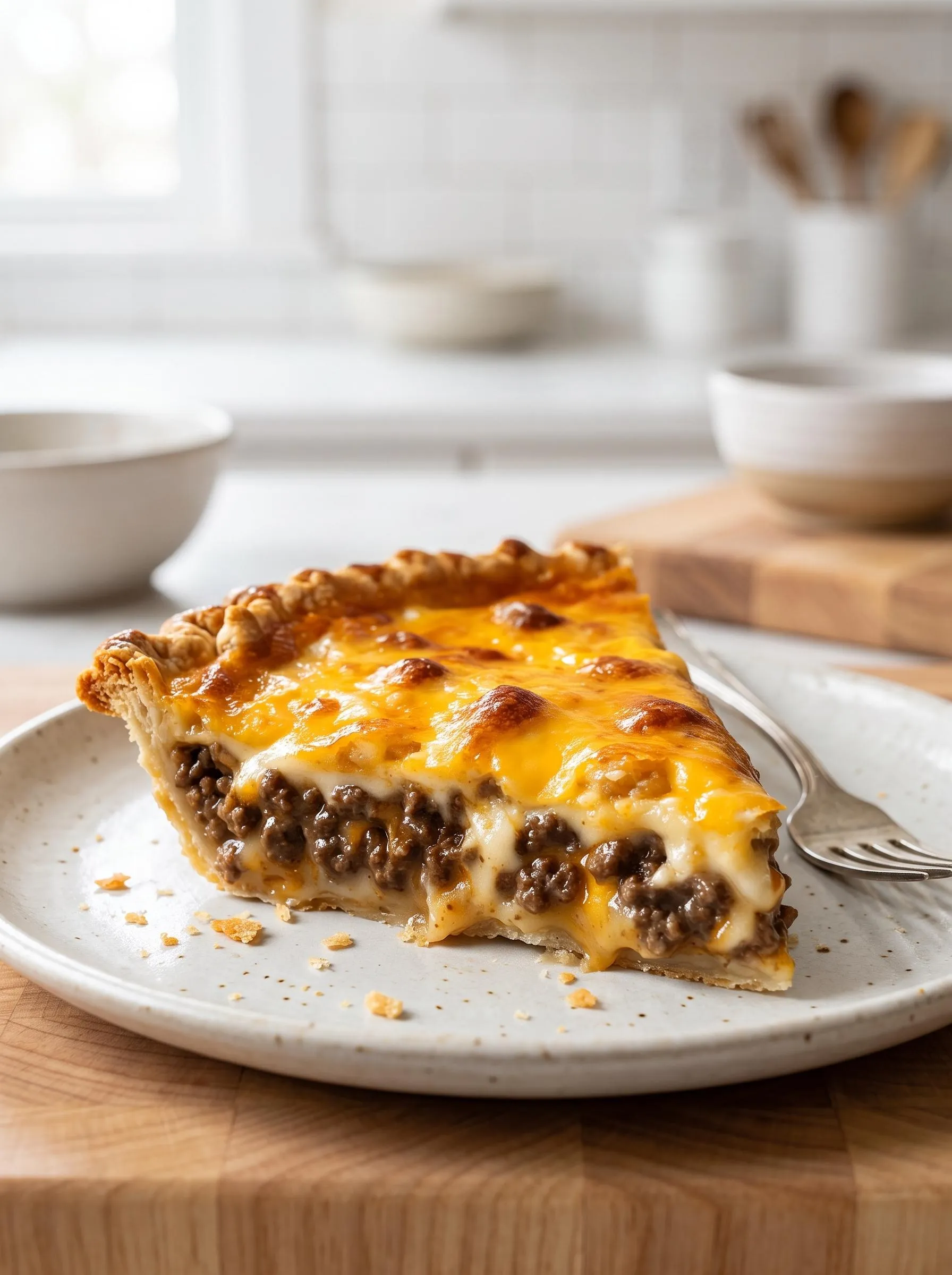 A slice of cheeseburger pie on a white plate.