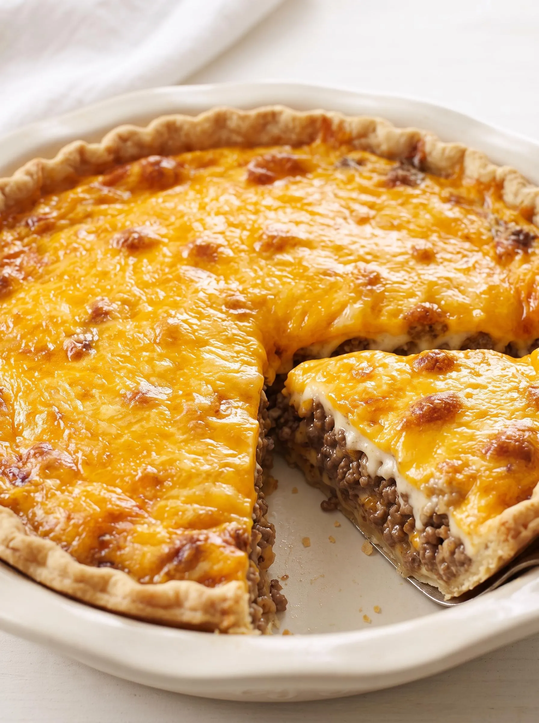 A yummy slice of cheeseburger in a kitchen.