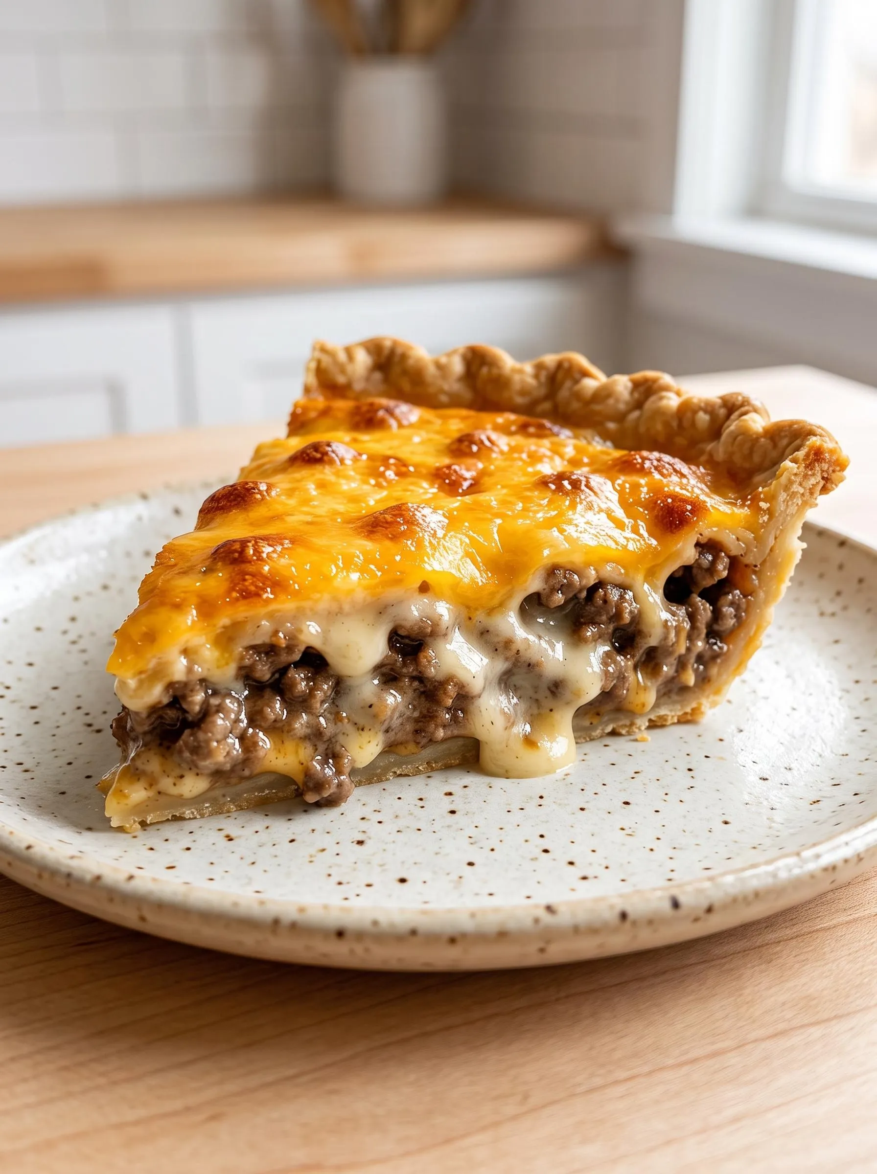 A slice of cheeseburger pie on a plate.