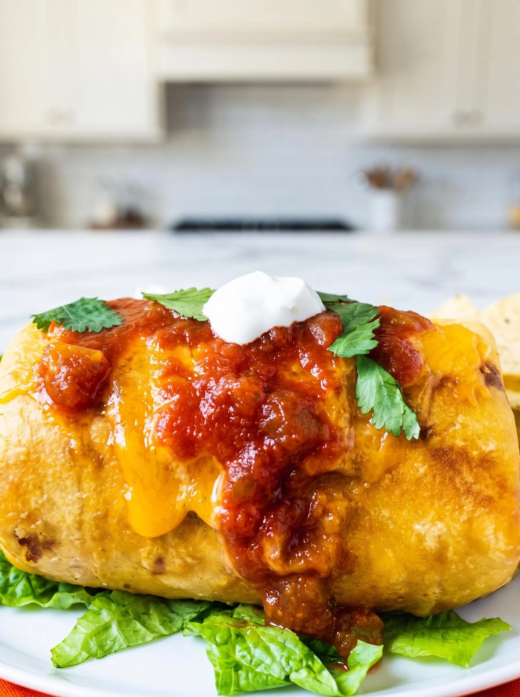 A beef chimichanga with white cheese and salsa on top.