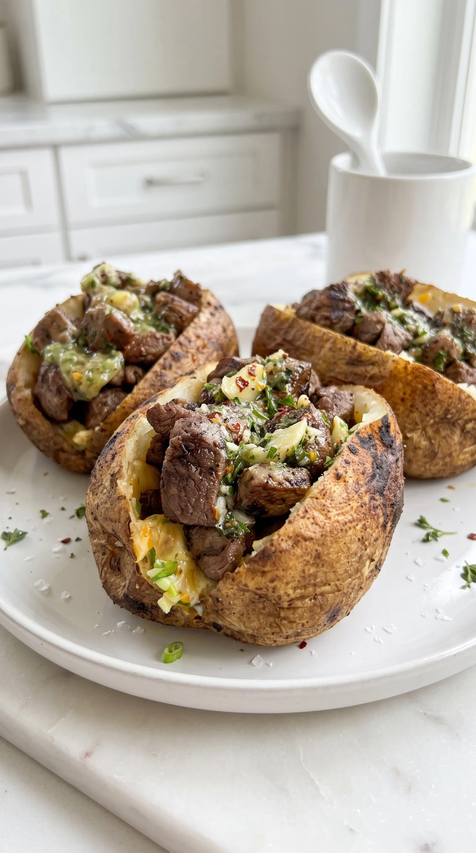 Grilled steak bites on top of baked potatoes.