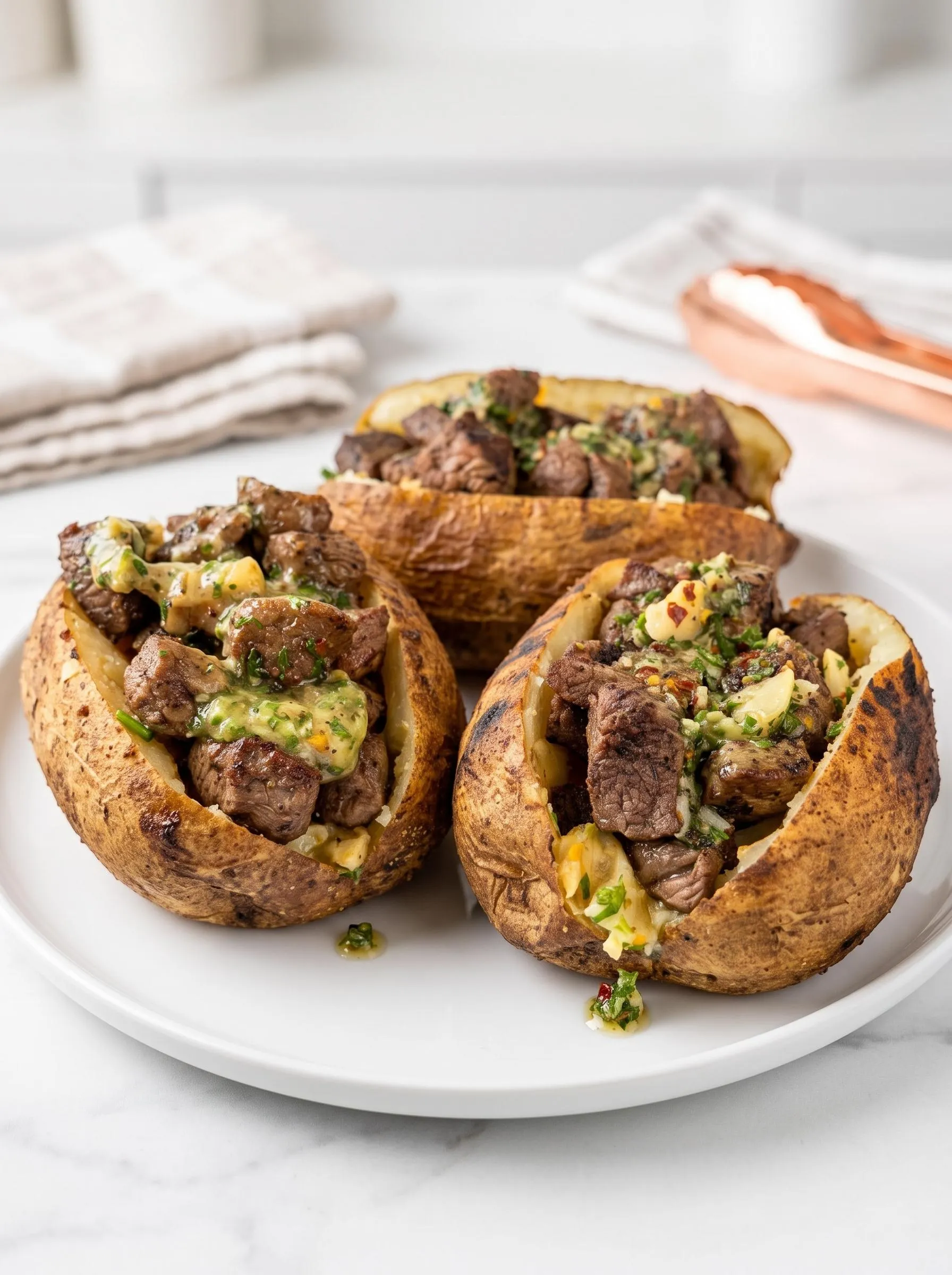 Grilled steak bites and baked potatoes.
