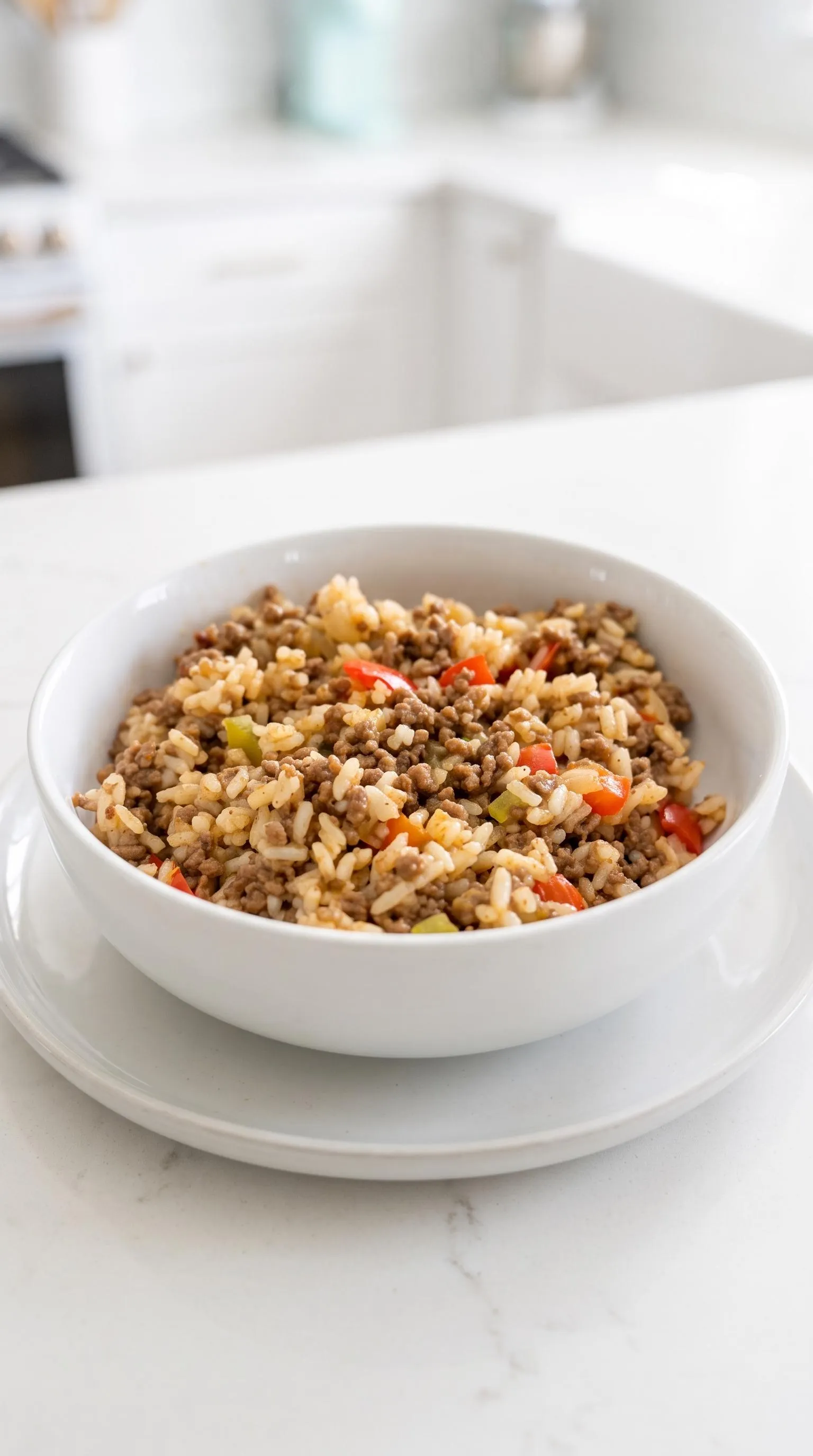 Cajun Dirty Rice on a white Bowl.