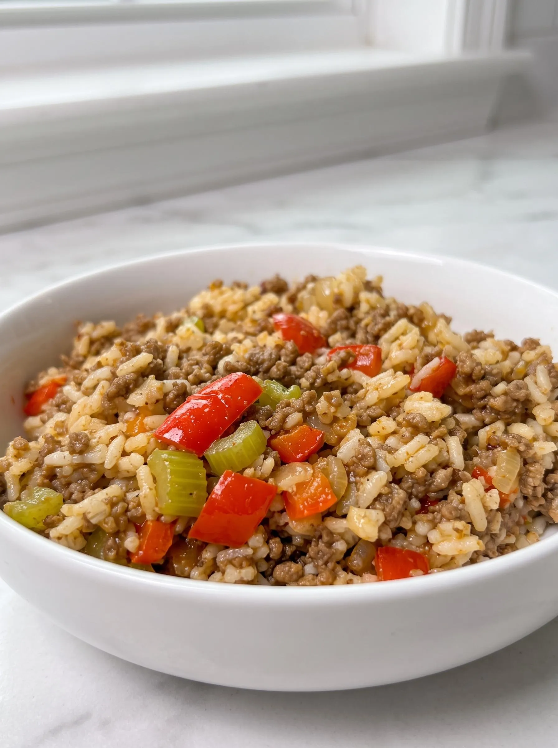 A bowl of Cajun Dirty Rice.