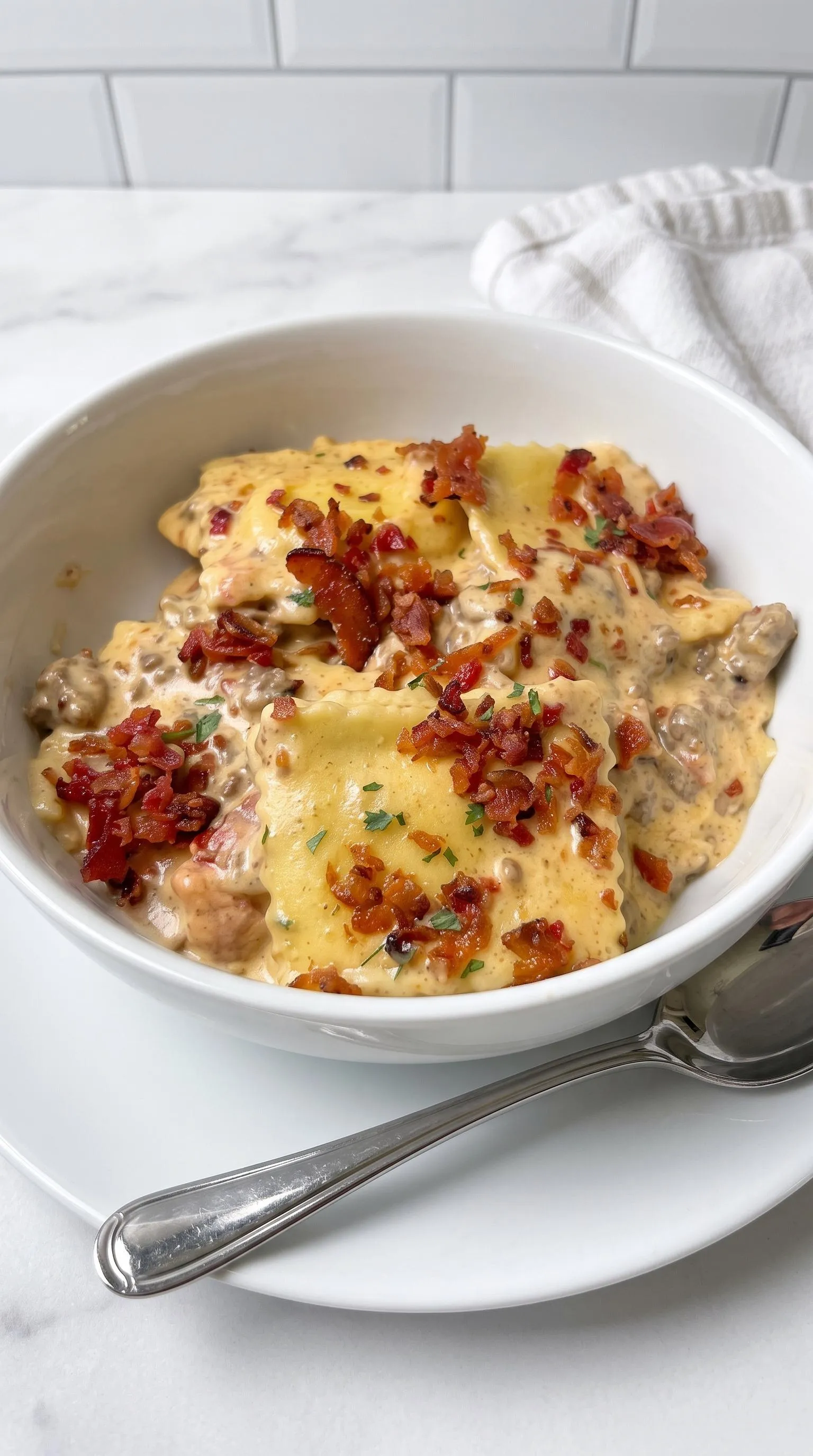 A white bowl of cheeseburger ravioli.