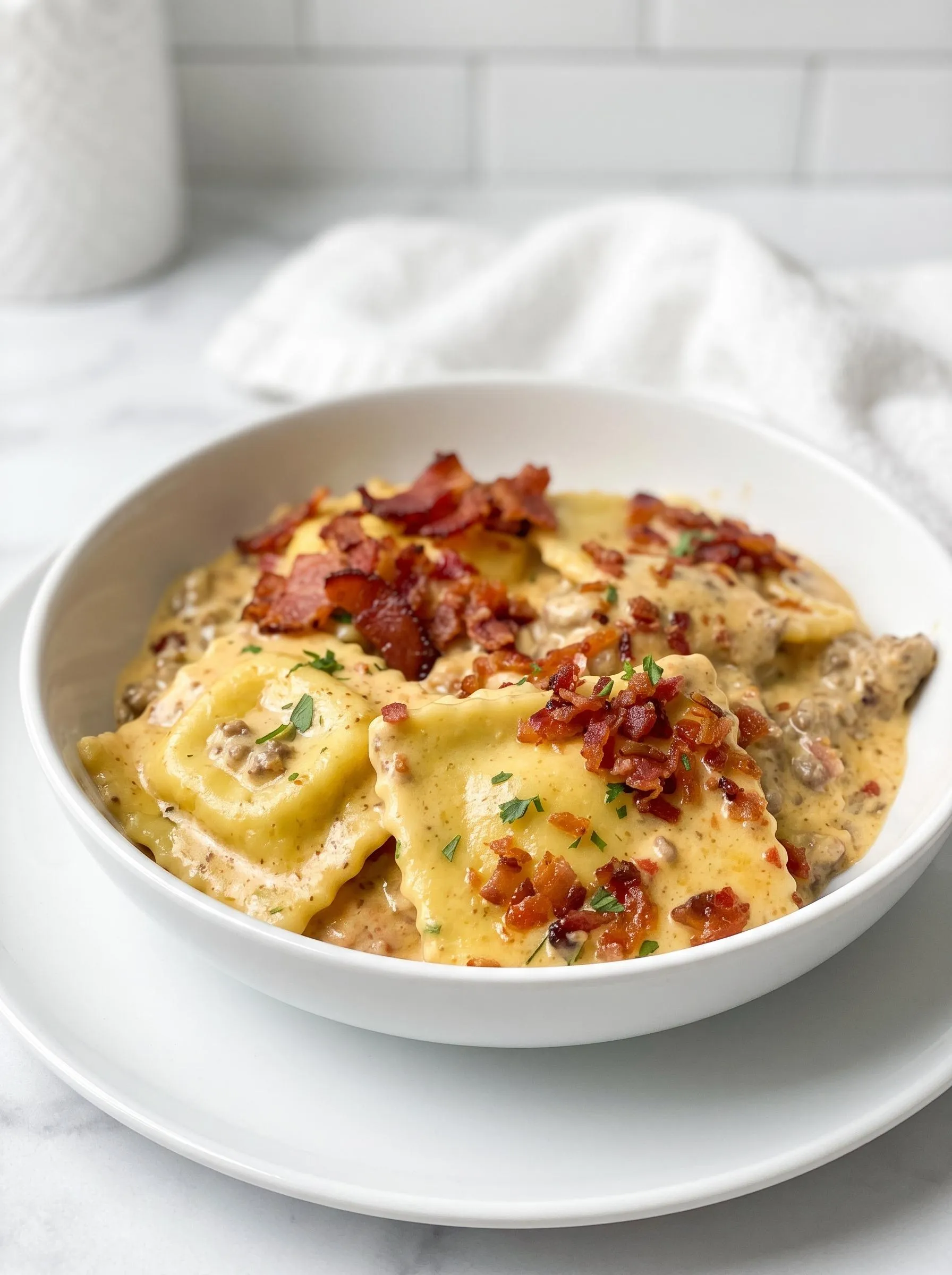 A bowl of cheeseburger ravioli.