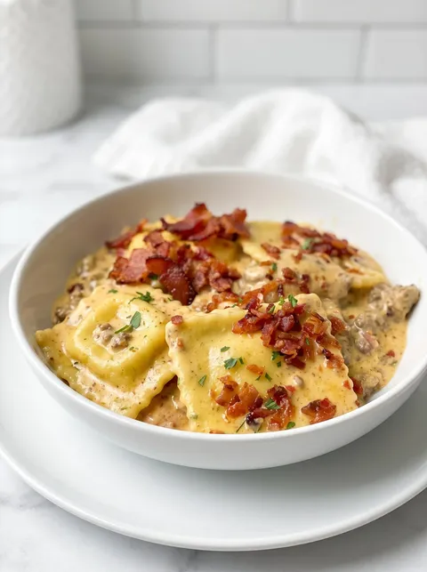 A bowl of cheeseburger ravioli.