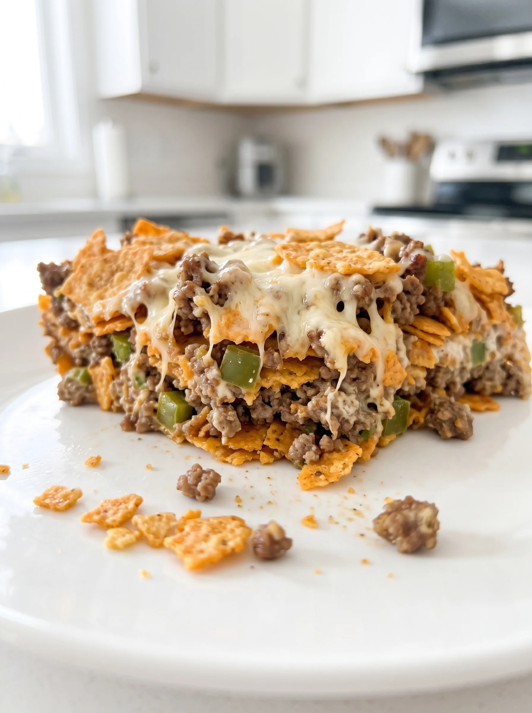 A Dorito Meatloaf Casserole in a white plate.