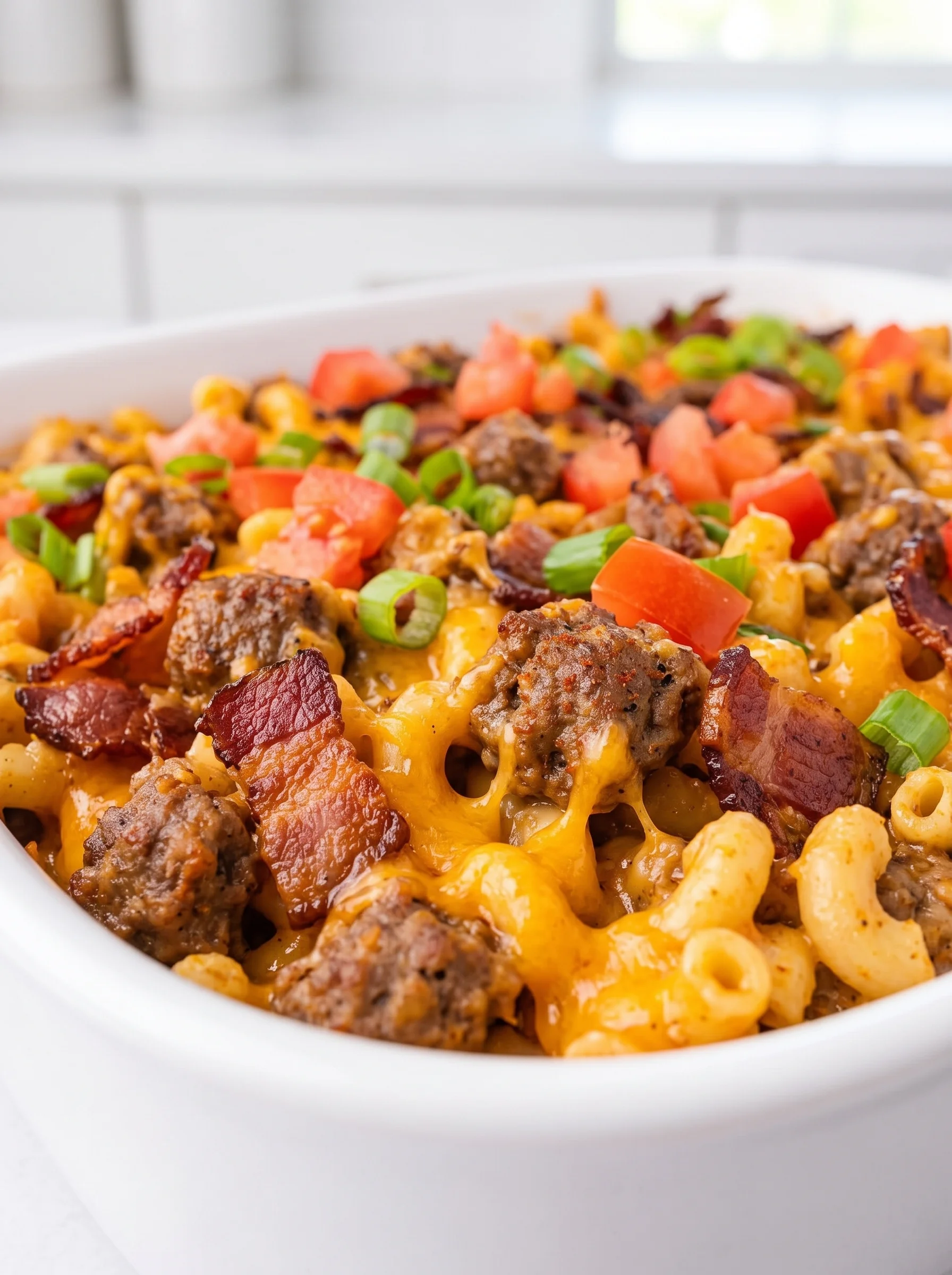 A bowl of bacon cheeseburger casserole.