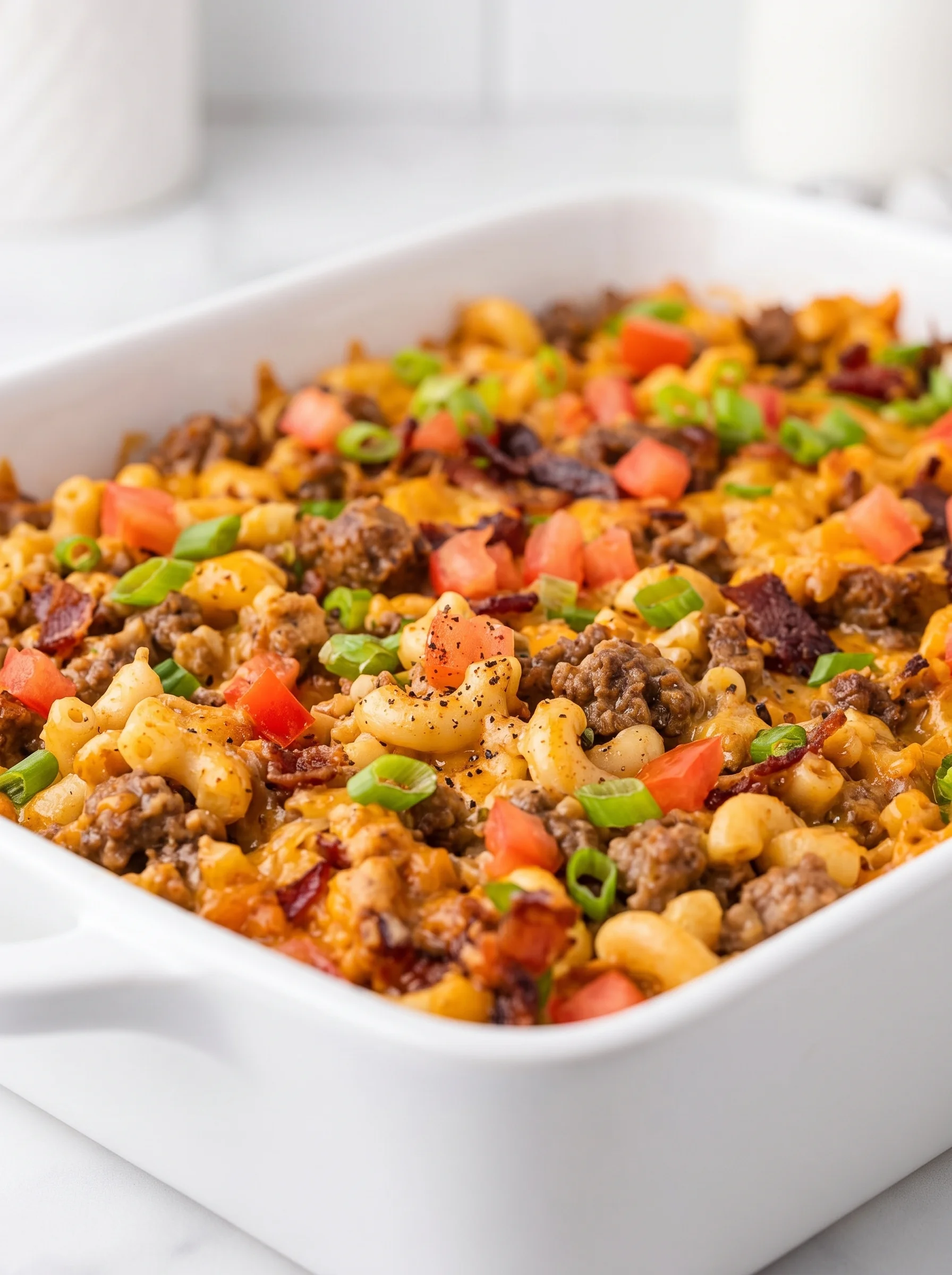 A casserole with tomatoes, bacon, and cheese.
