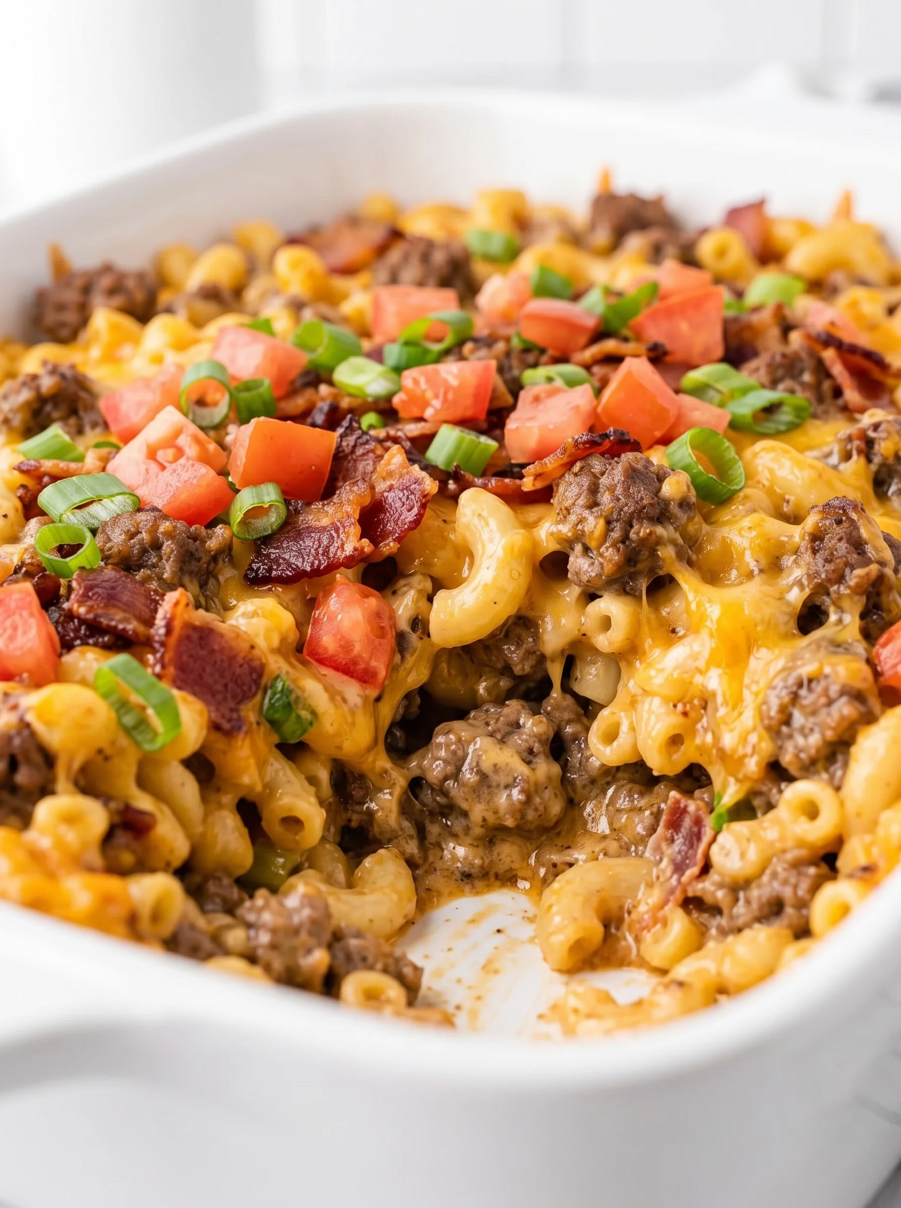 A close up of a bacon cheeseburger casserole.