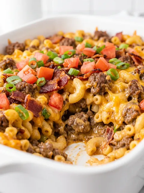 A close up of a bacon cheeseburger casserole.