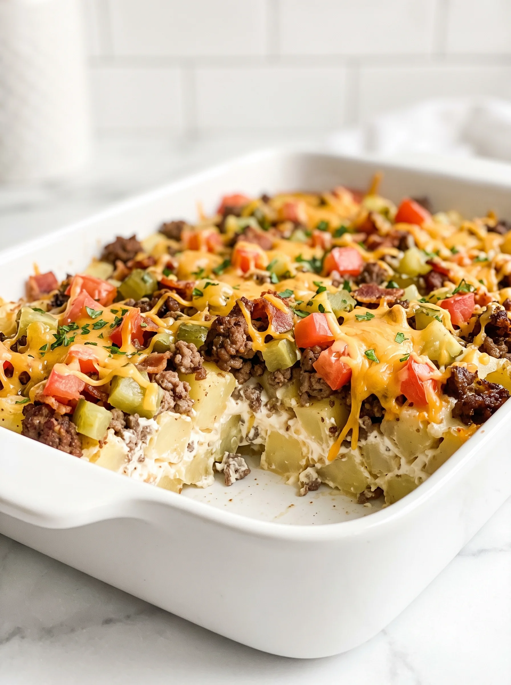 A delicious beef potato casserole in a white dish.