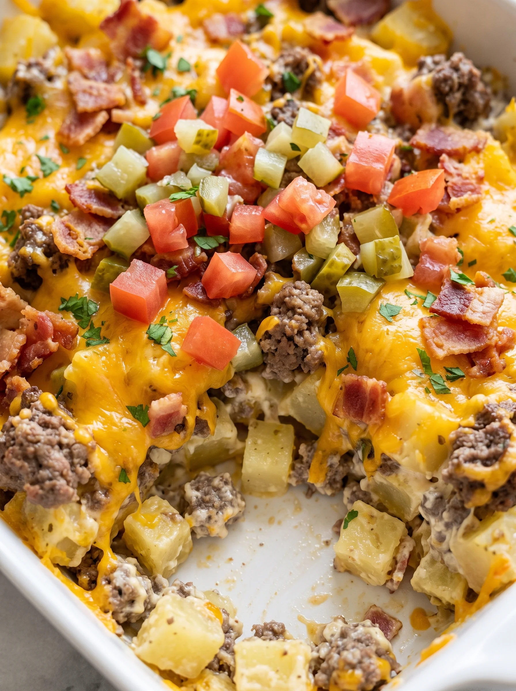 A delicious beef potato casserole with tomatoes and bacon.