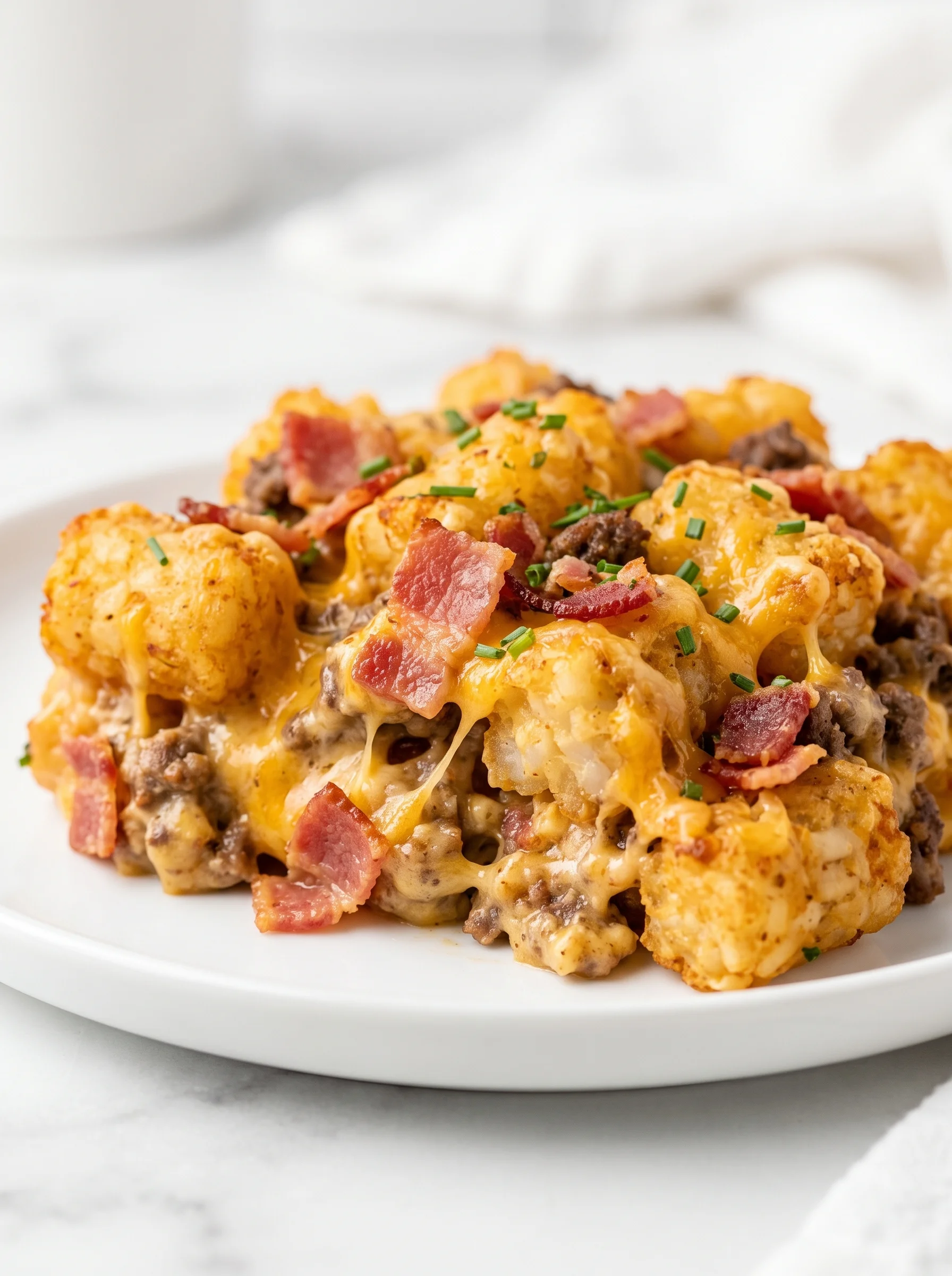 A plate of bacon cheeseburger tater tot casserole.