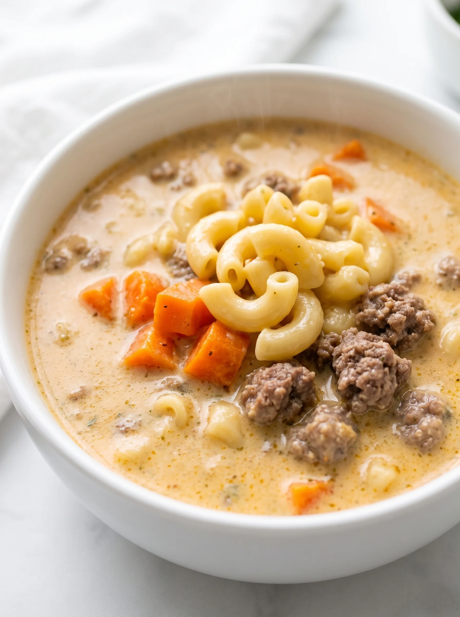 A bowl of macaroni and cheese with meat and carrots.