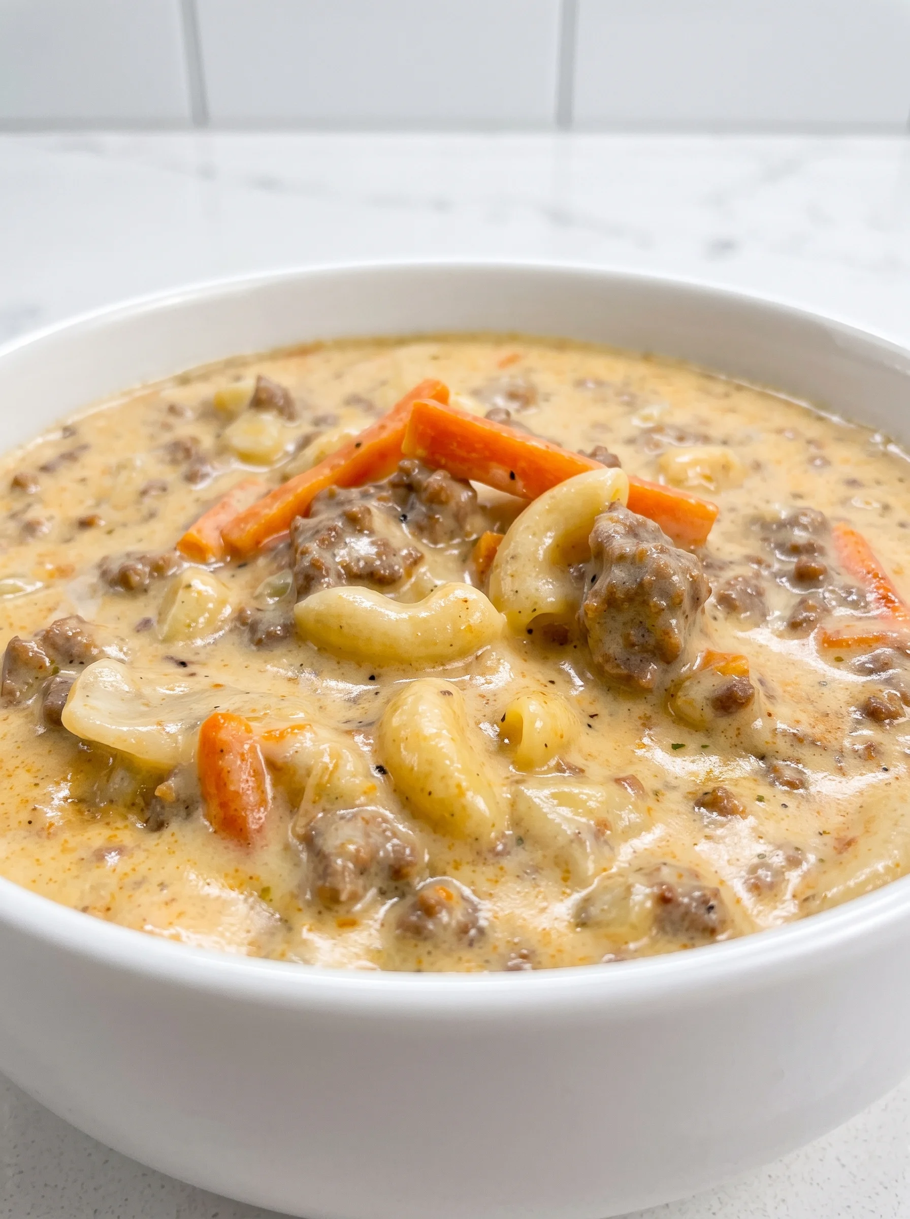 A bowl of cheeseburger macaroni soup.