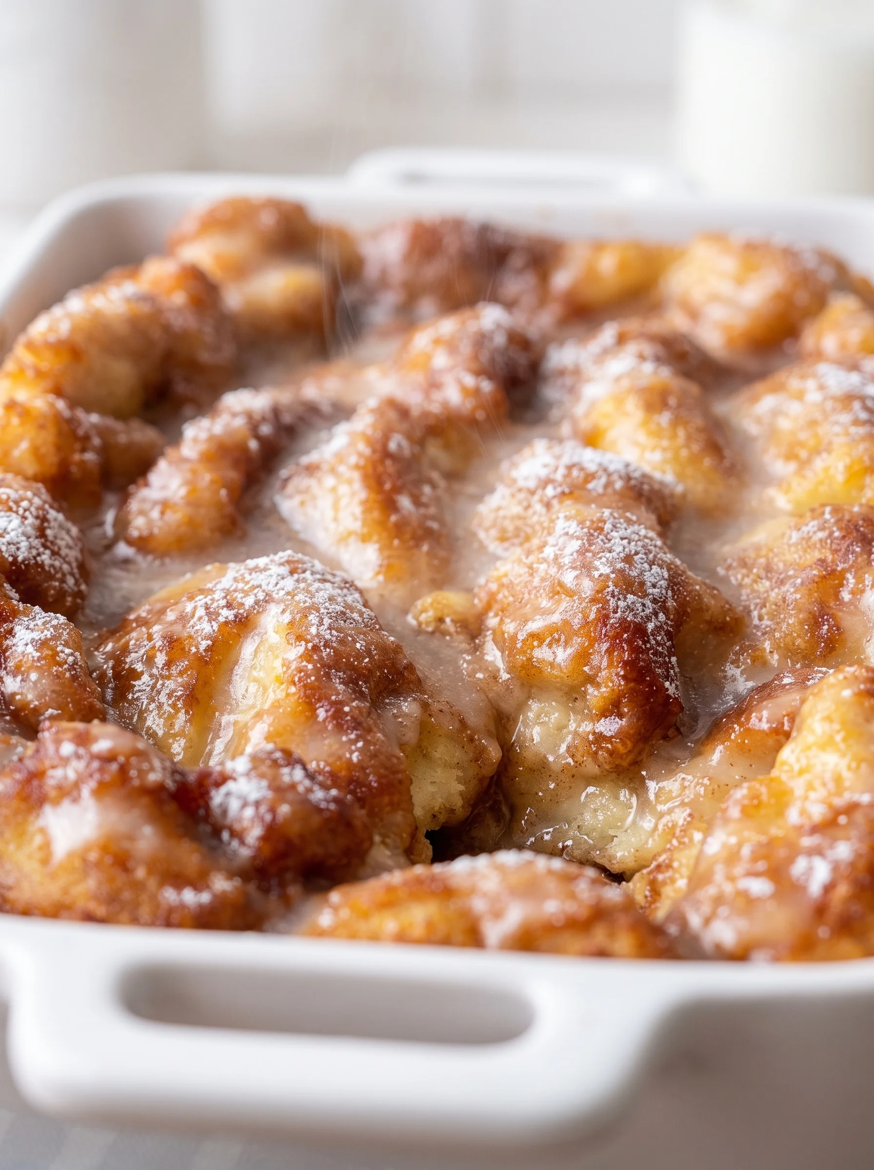 sweet apple fritter cake in a white bowl.