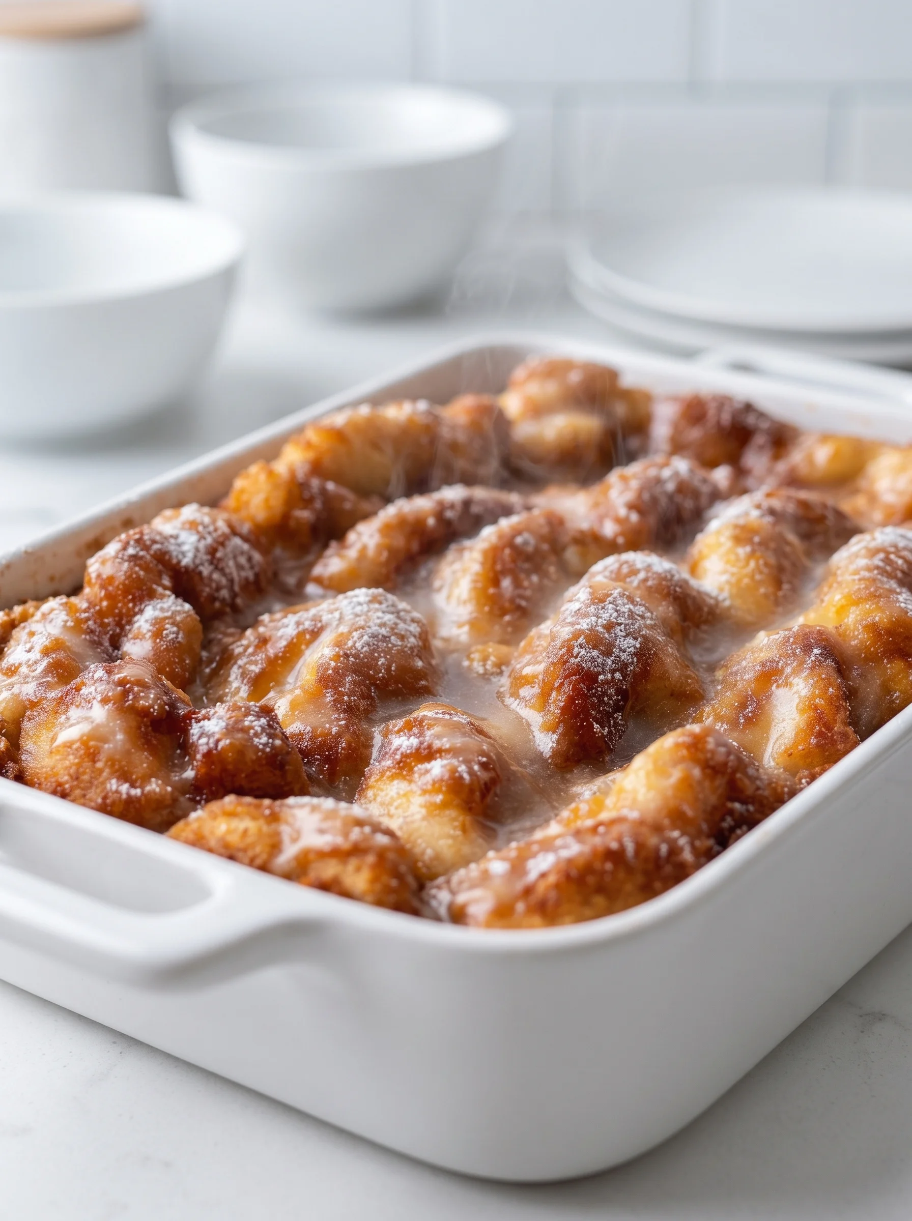 A white bowl filled with a sweet apple fritter cake.