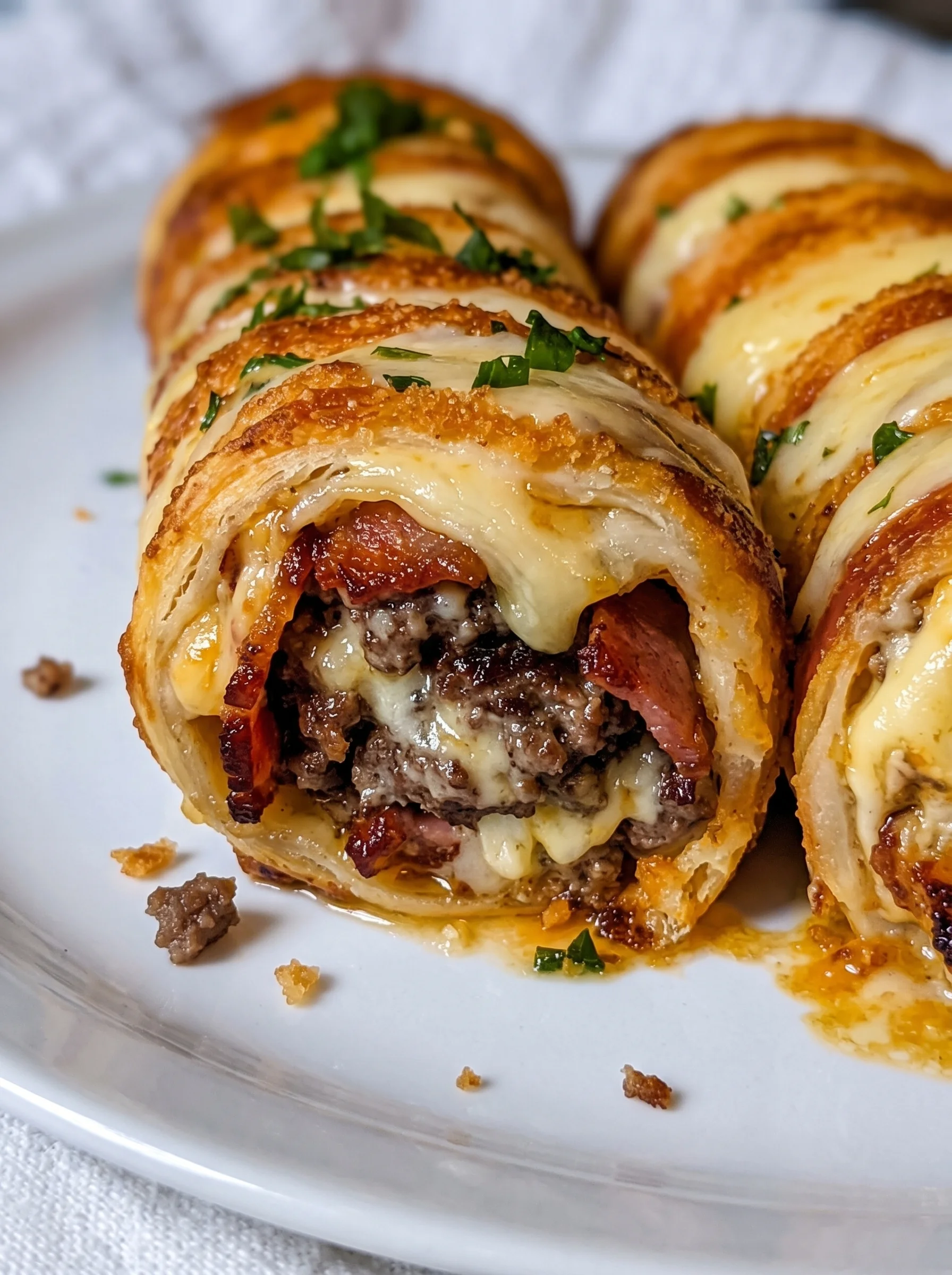 Two garlic butter bacon cheeseburger rollups on a plate.