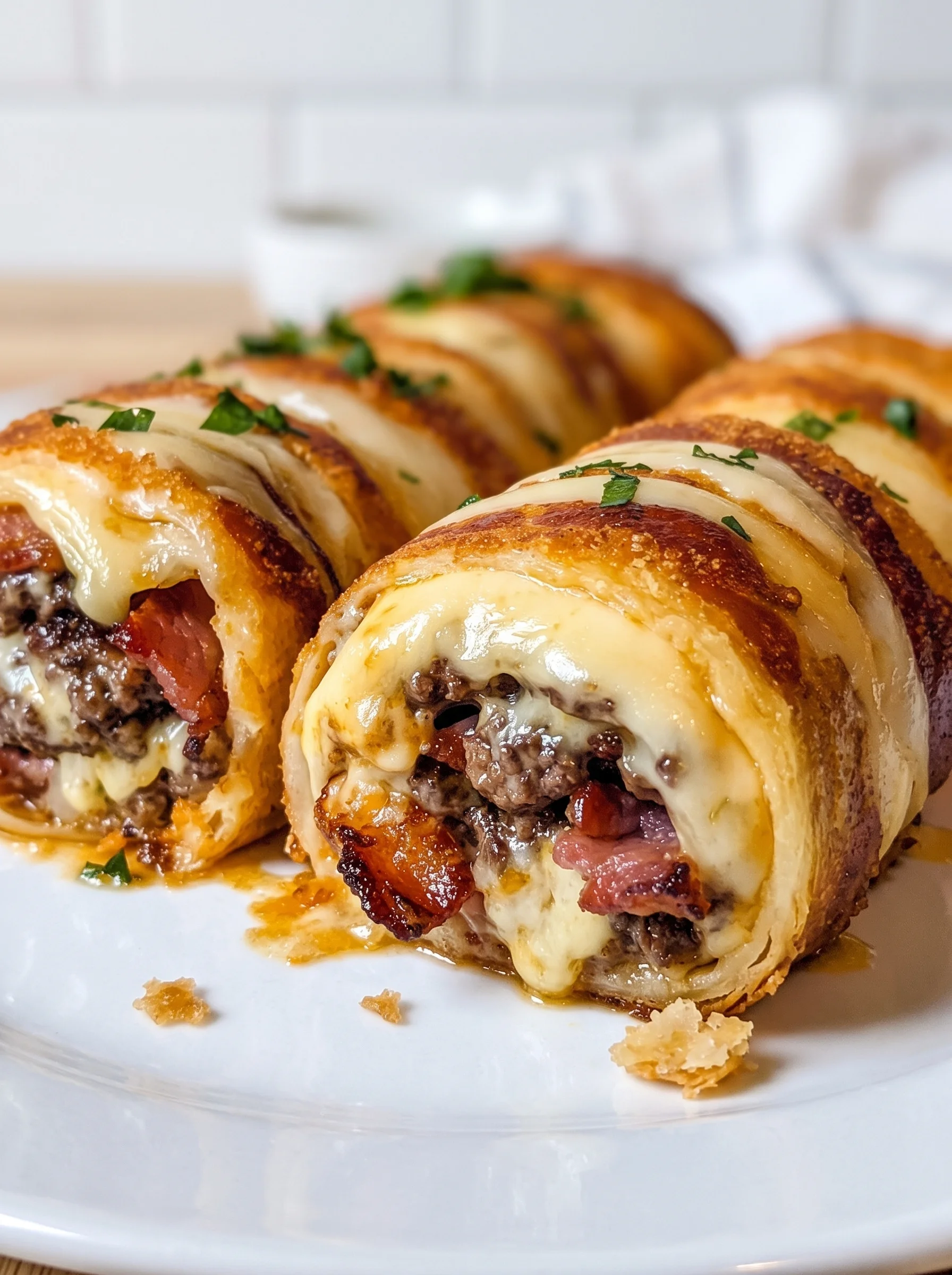 A plate of garlic butter bacon cheeseburger rollups.
