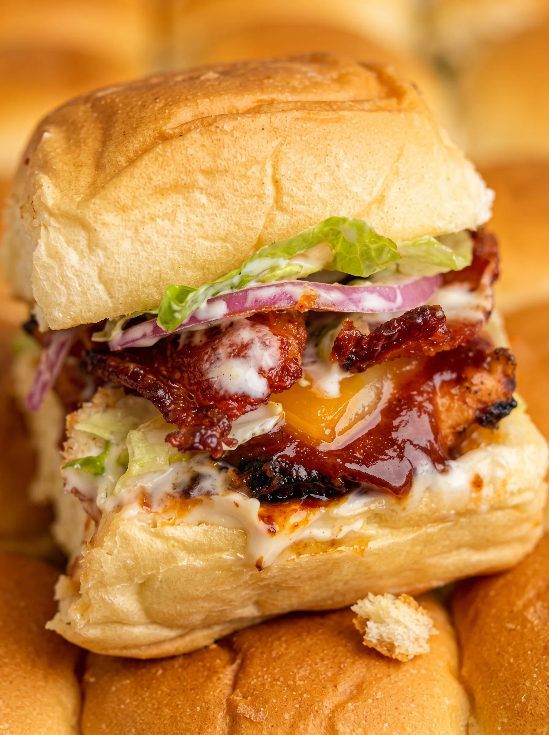 A close up of a Bacon Ranch BBQ Chicken Slider in a white plate.