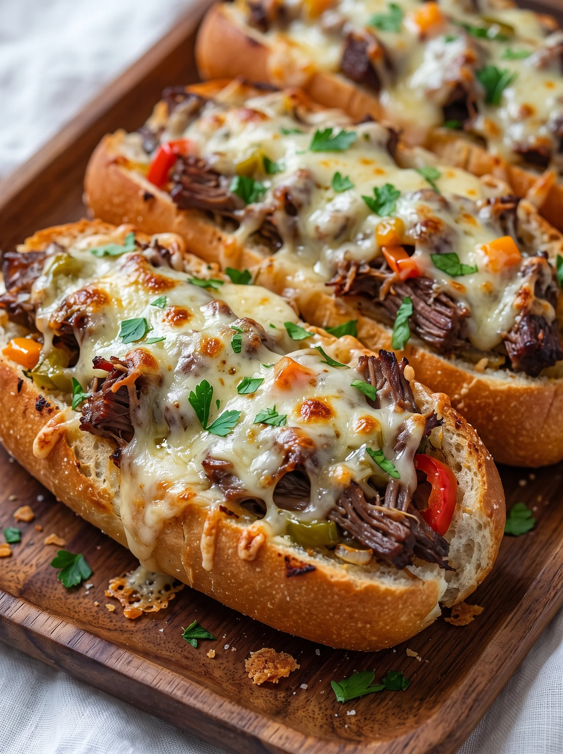 Two pieces of cheesy bread with meat and vegetables.