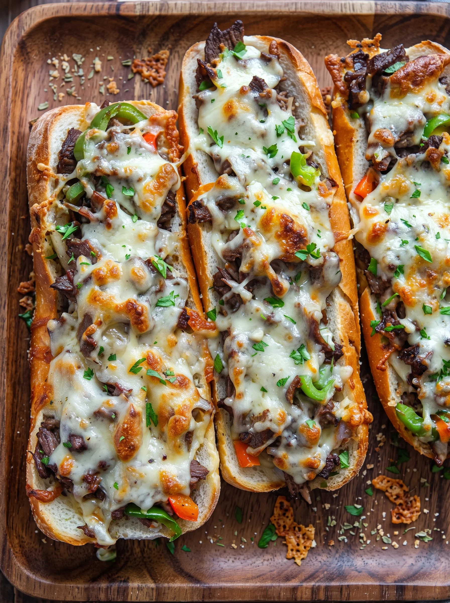 Two slices of cheesy bread with meat and vegetables.