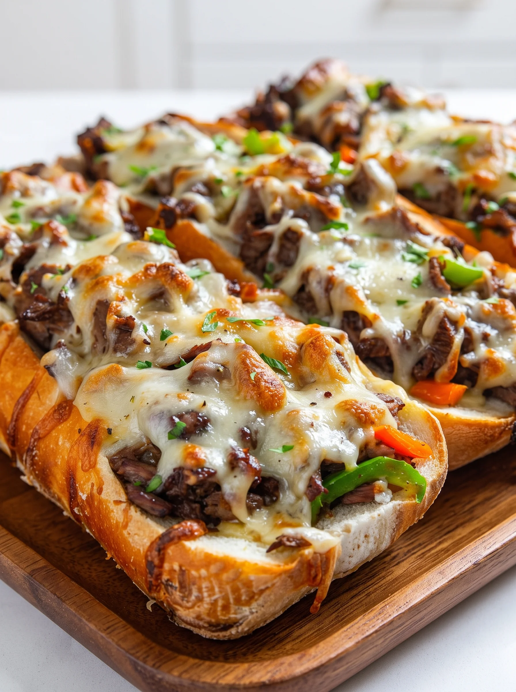 A cheesy bread sandwich with peppers and onions.