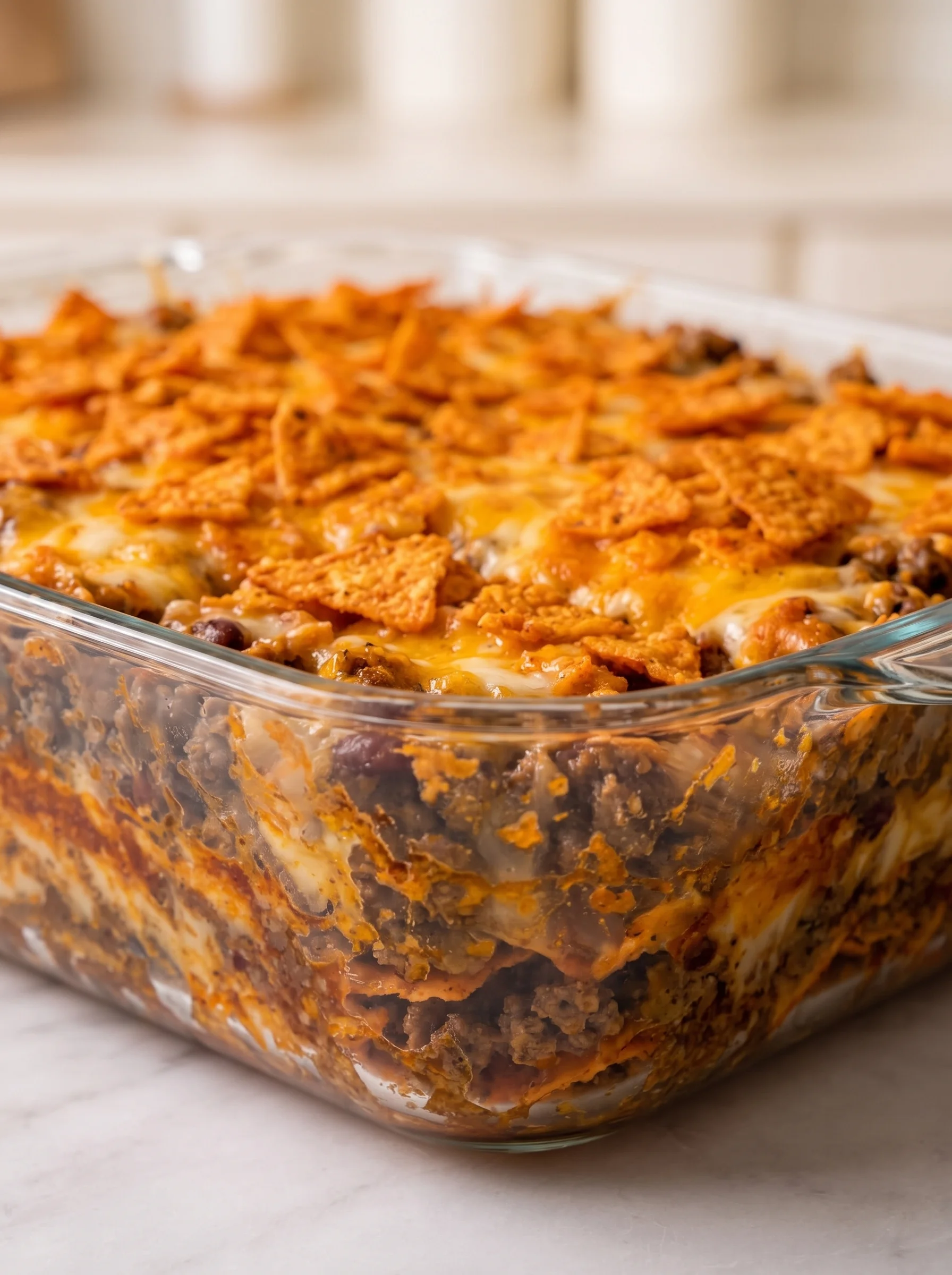 A dish made with Doritos and ground beef.