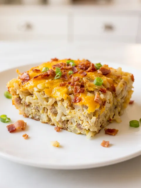 A loaded hash brown breakfast on a white plate.