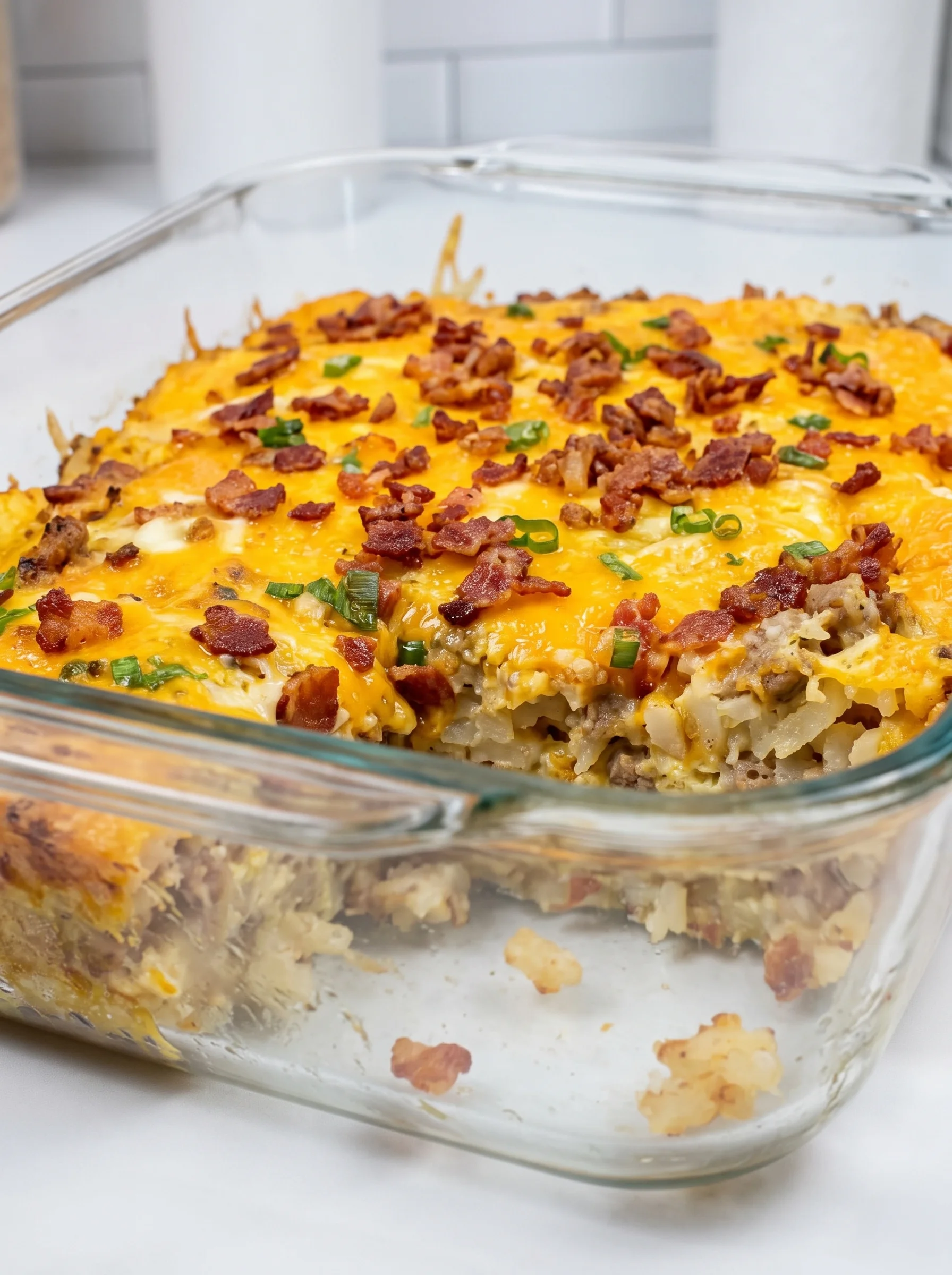 A loaded hash brown breakfast in a glass dish.