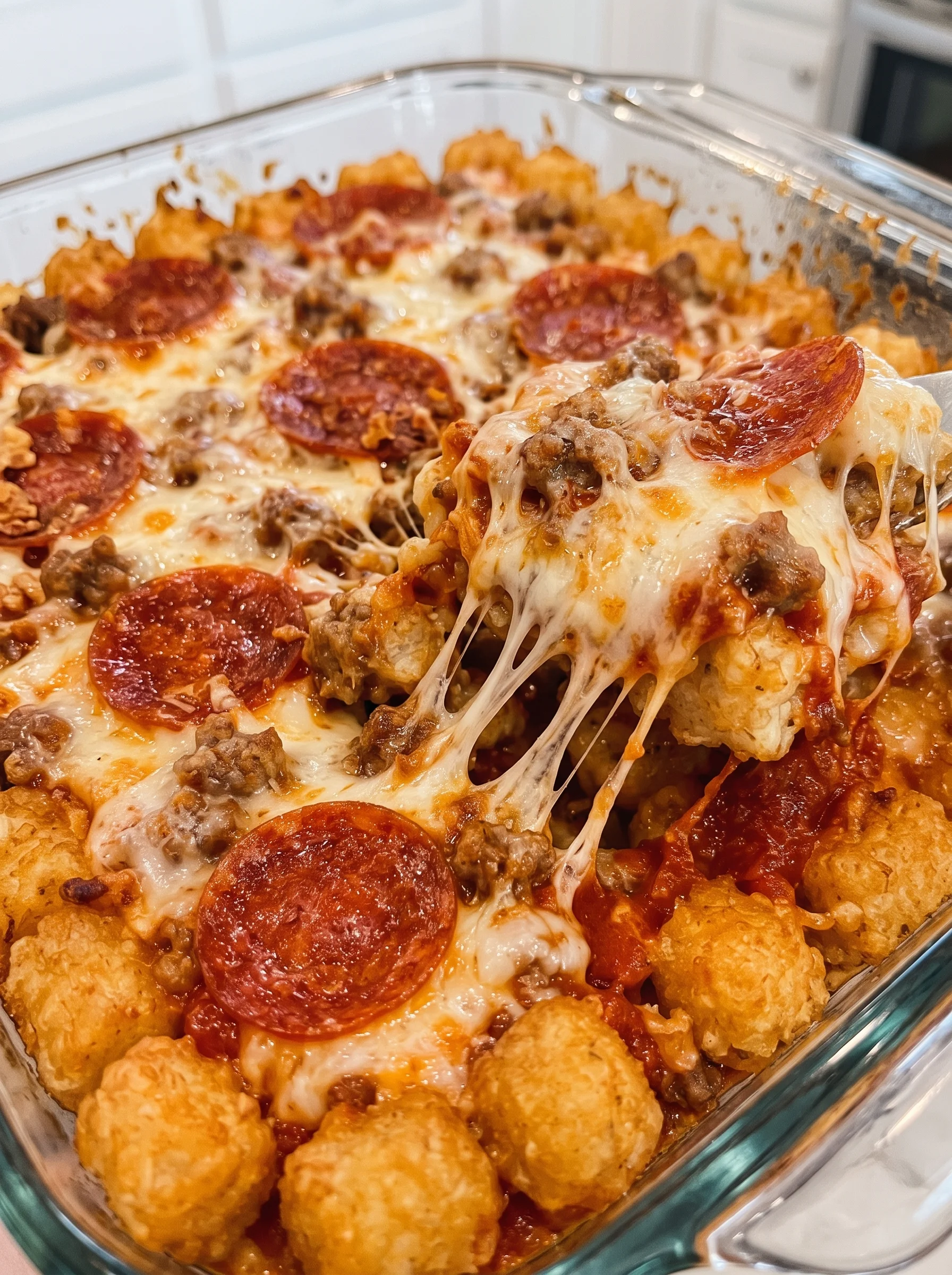 A cheesy tater tot pizza with pepperoni and sausage.