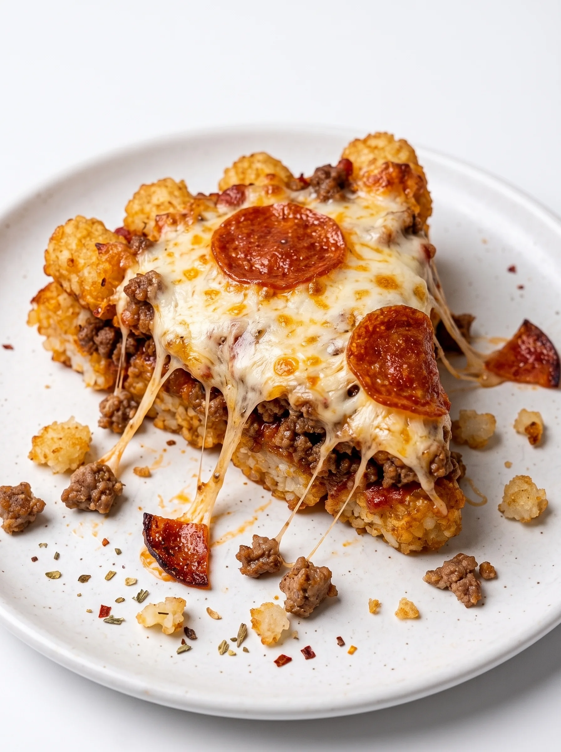 A slice of cheesy tater tot pizza.