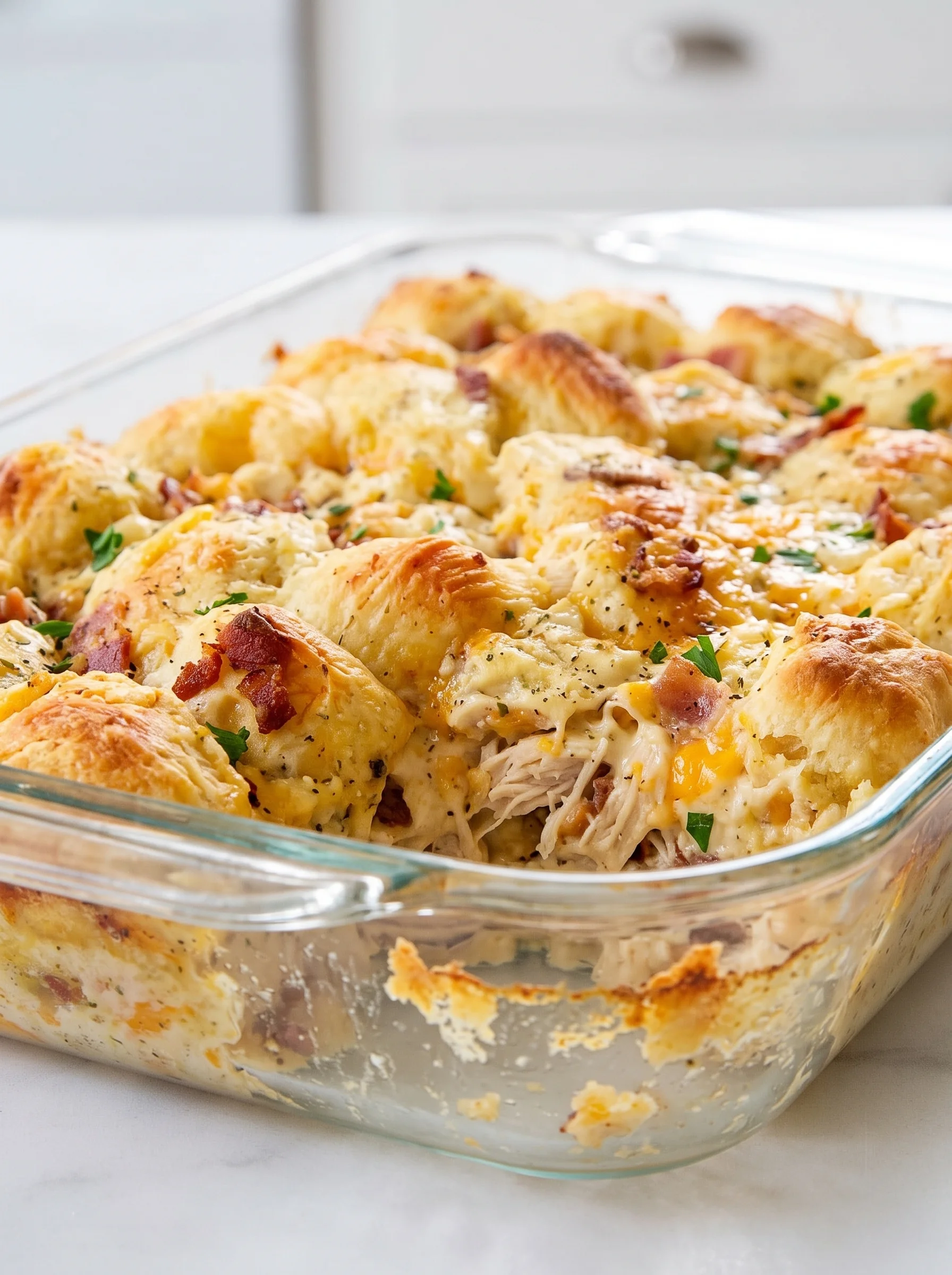 A baked dish with chicken and biscuits.