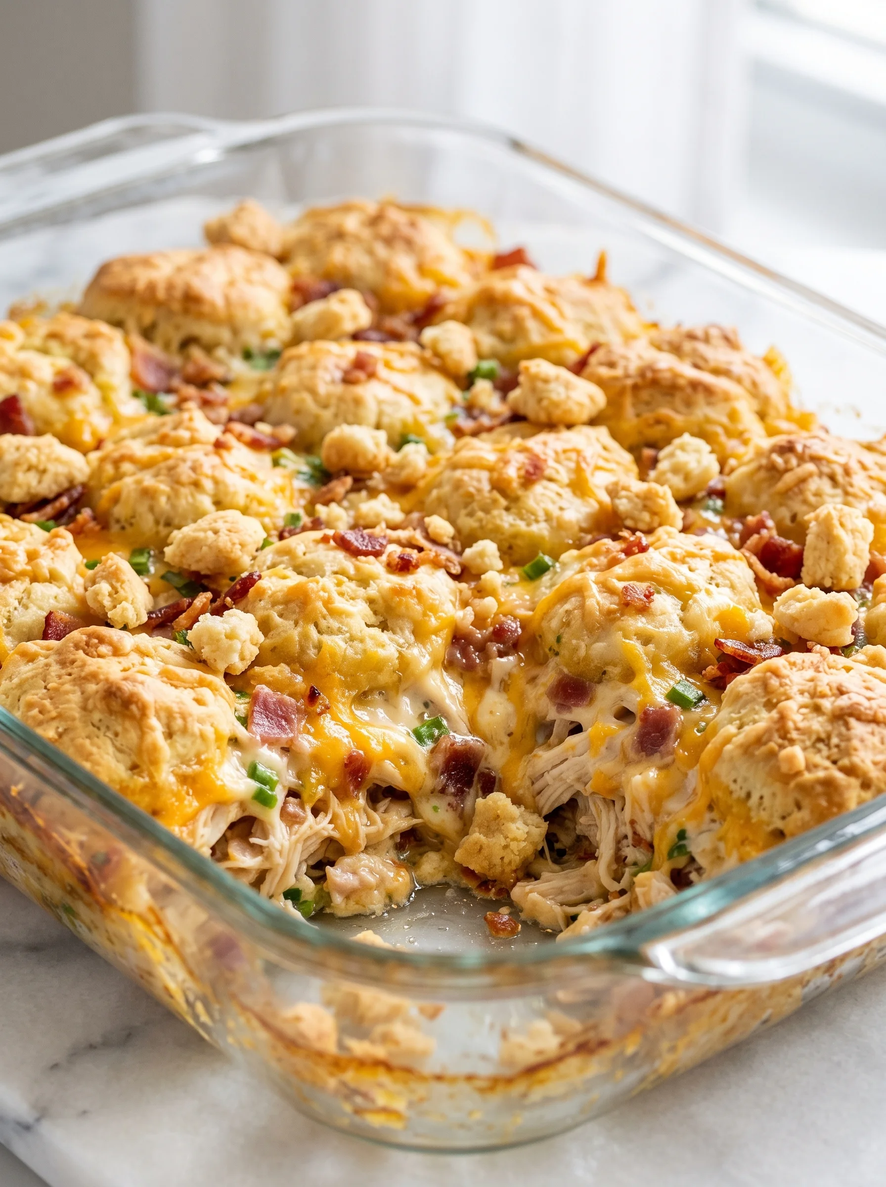 A baked dish with chicken and bacon.
