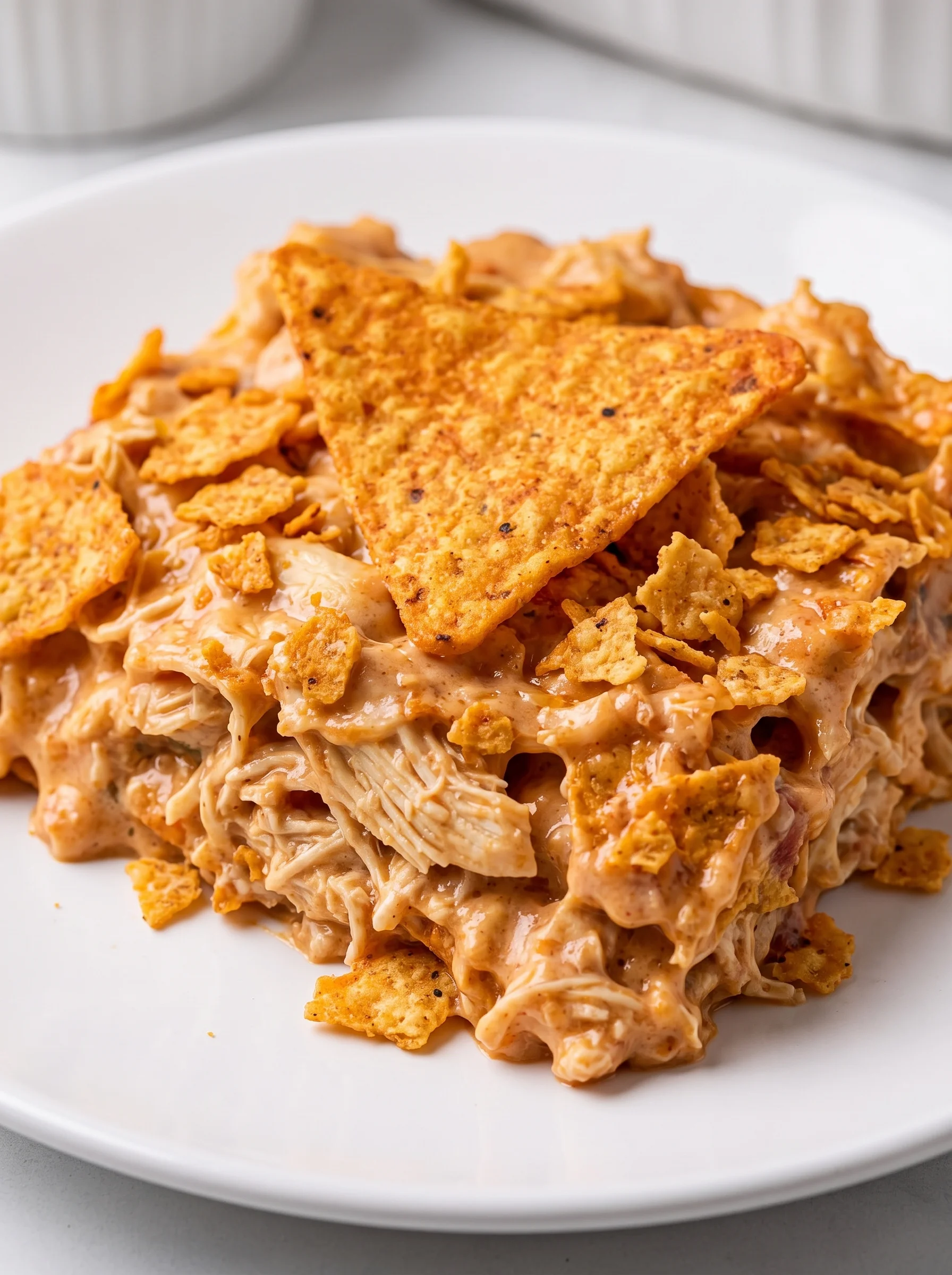 A plate of Doritos chicken with a couple of chips on top.
