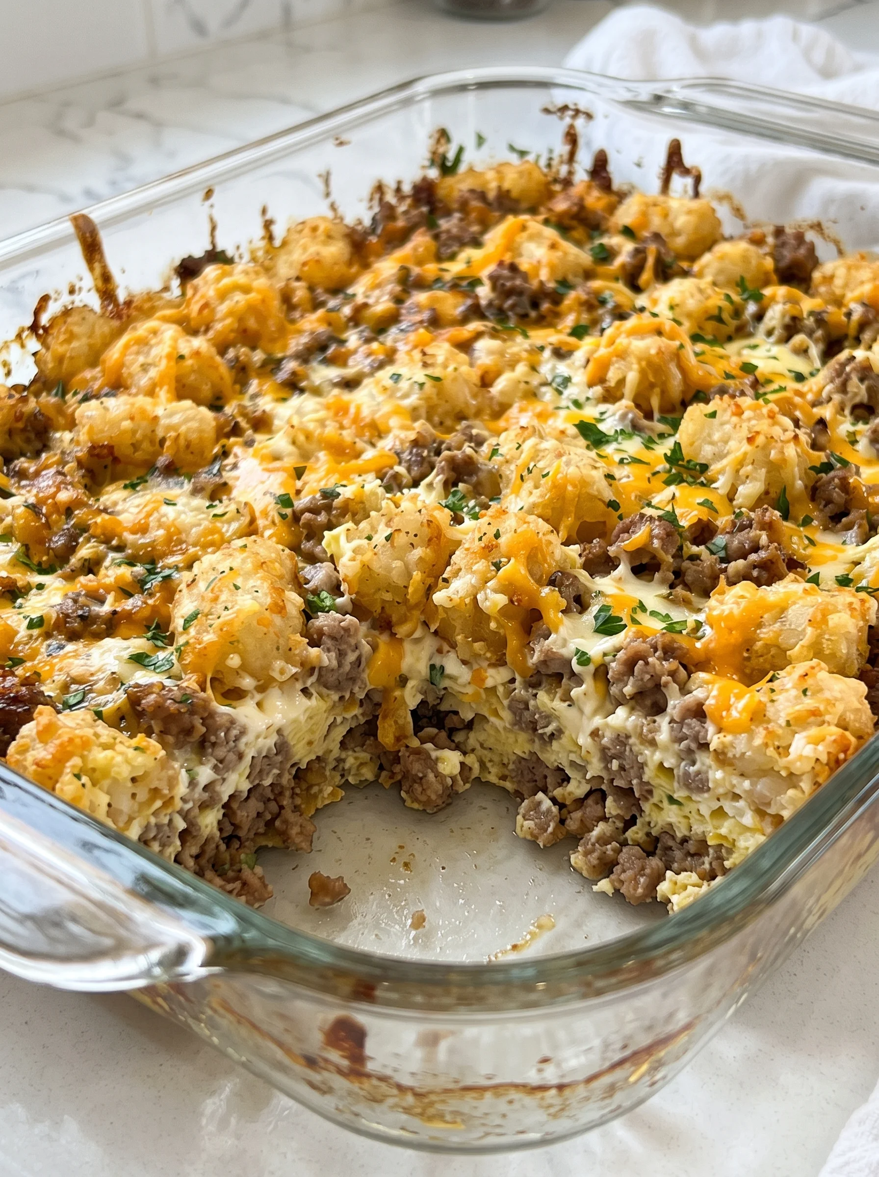 A sausage, cream cheese and tater tots casserole.