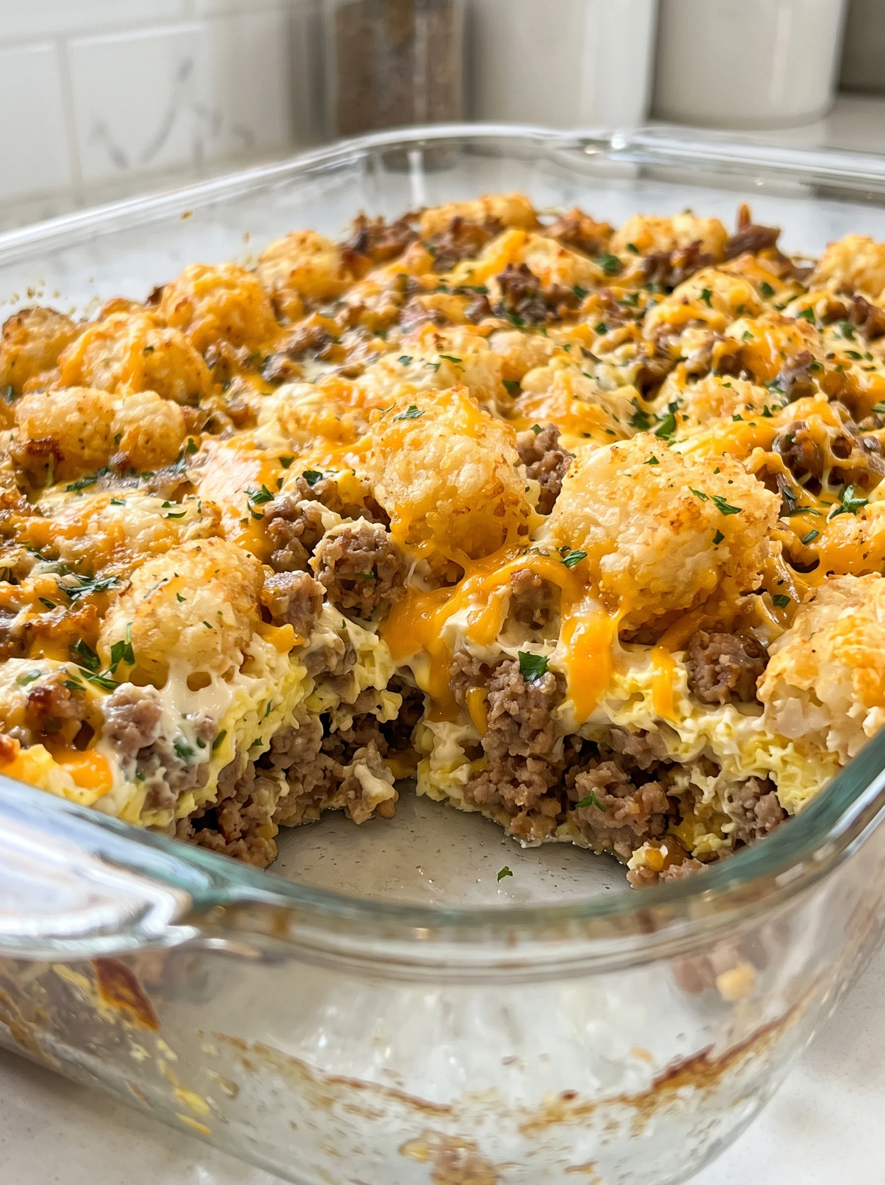 A dish of sausage, cream cheese and tater tots.