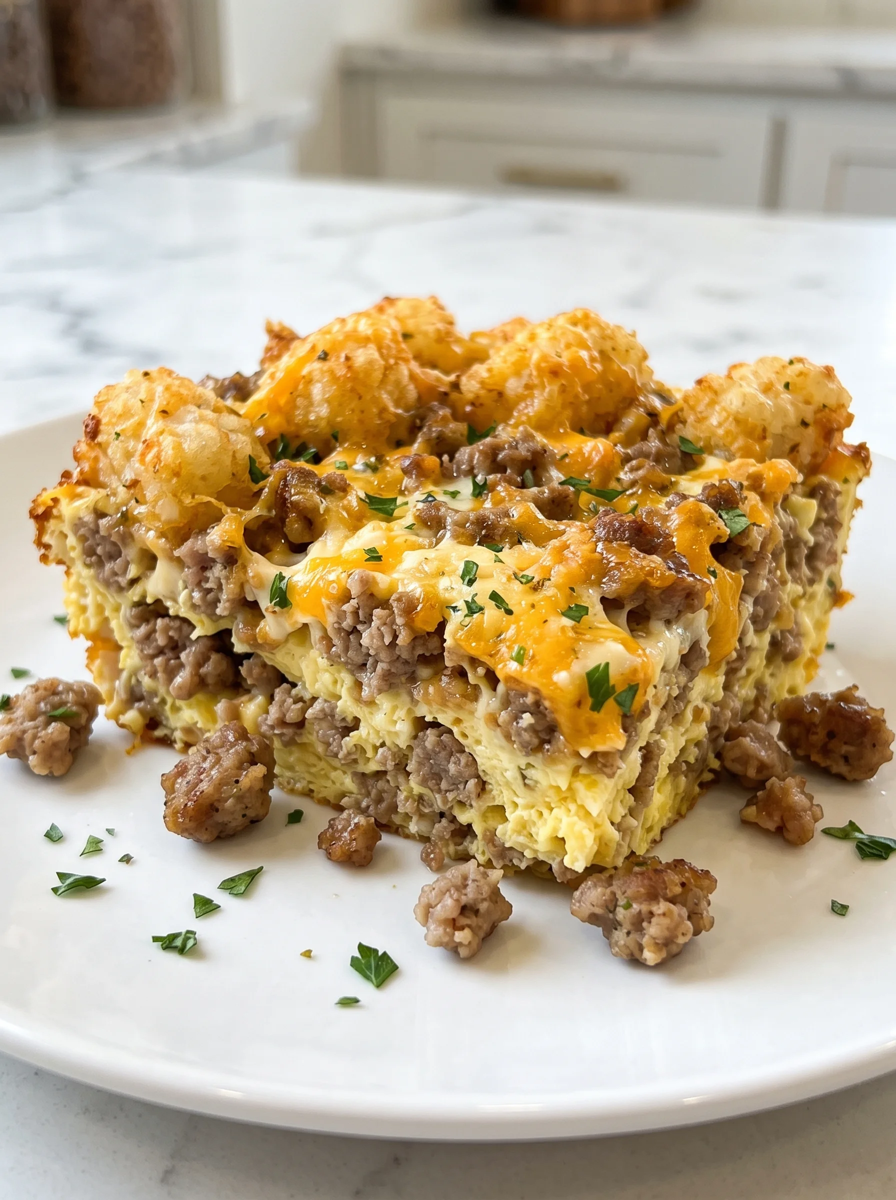 A plate of sausage, cheese, and tater tots.