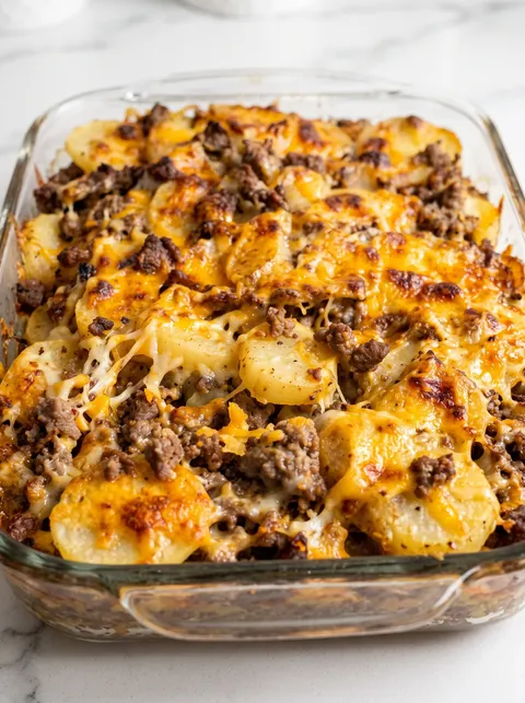 A cheesy hamburger potato dish.