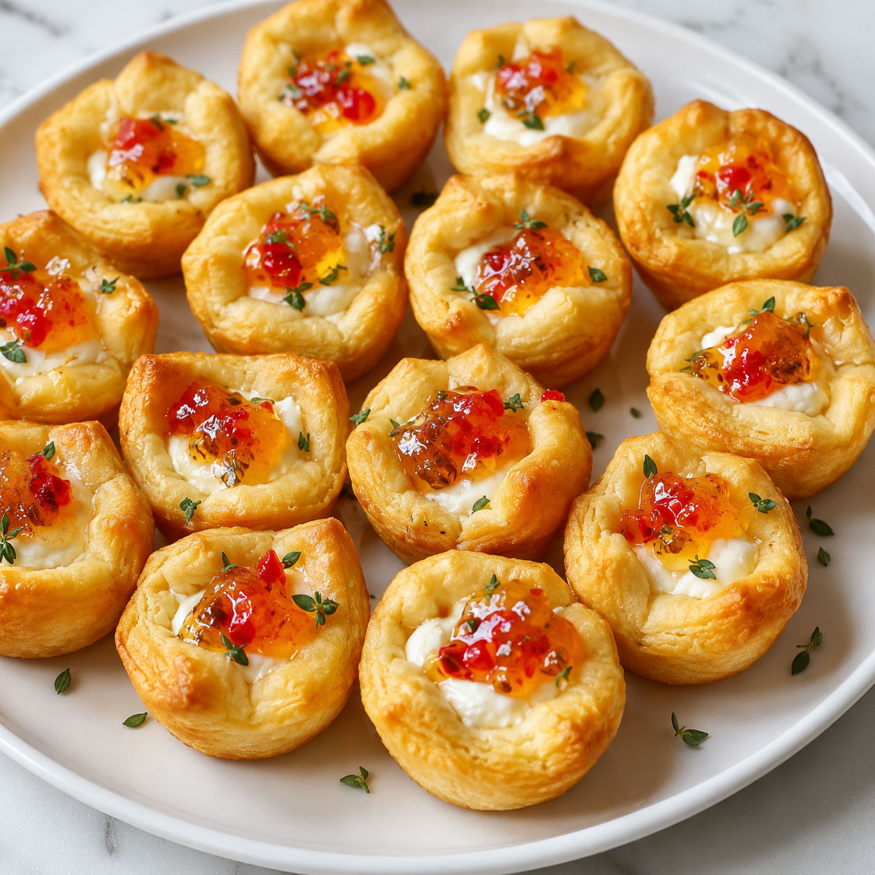 Pepper jelly cream cheese bites in golden crescent cups with thyme