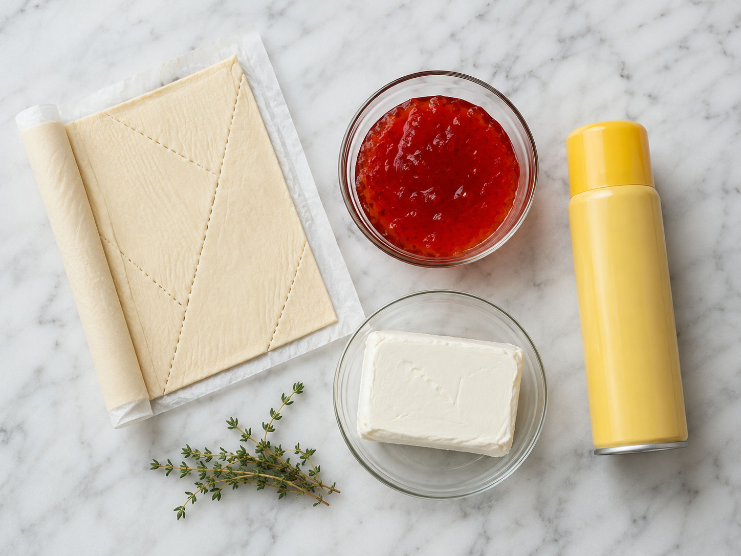 Crescent dough, cream cheese, red pepper jelly, and thyme on marble