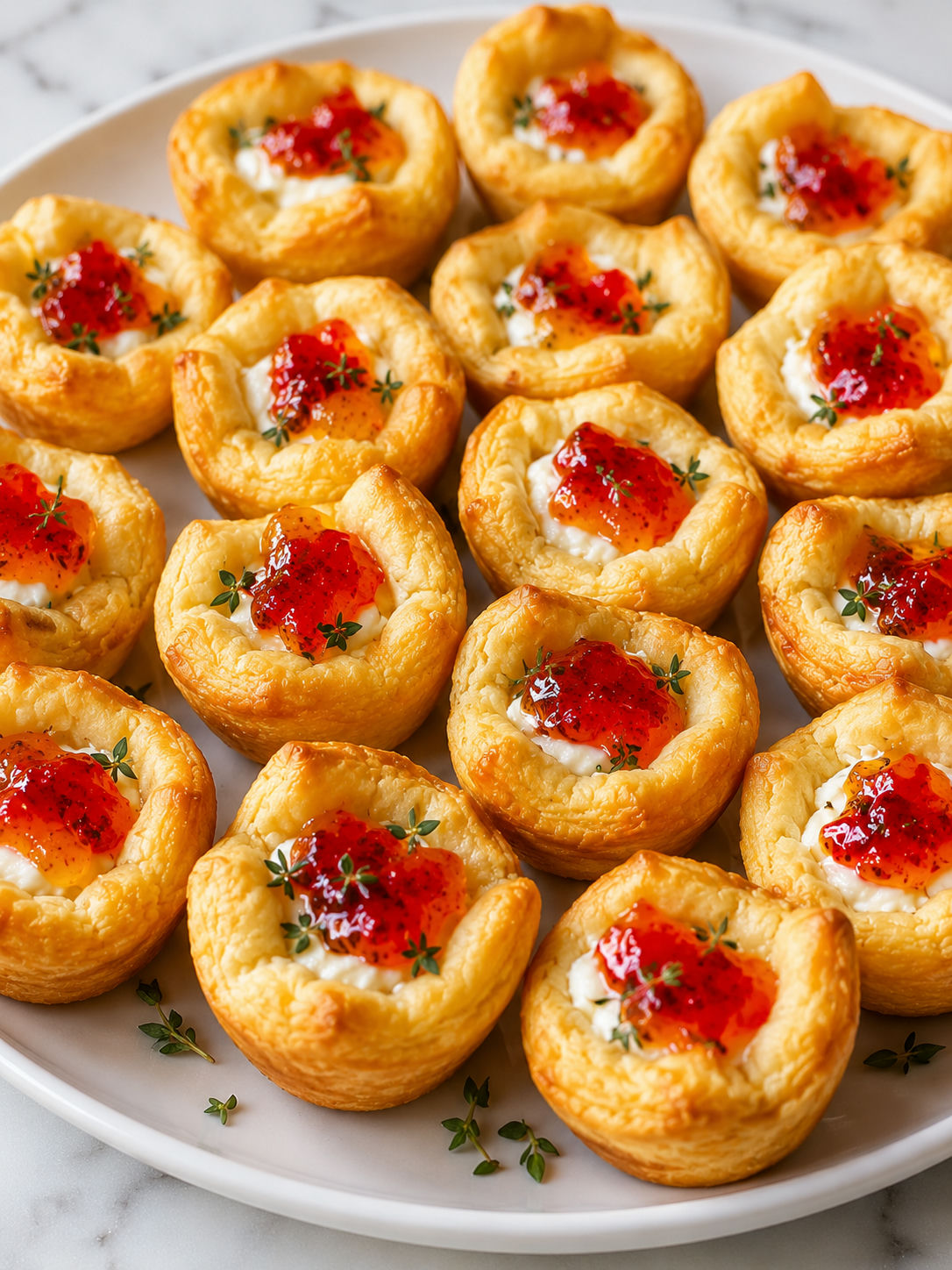 Golden pepper jelly cream cheese party bites on a white platter