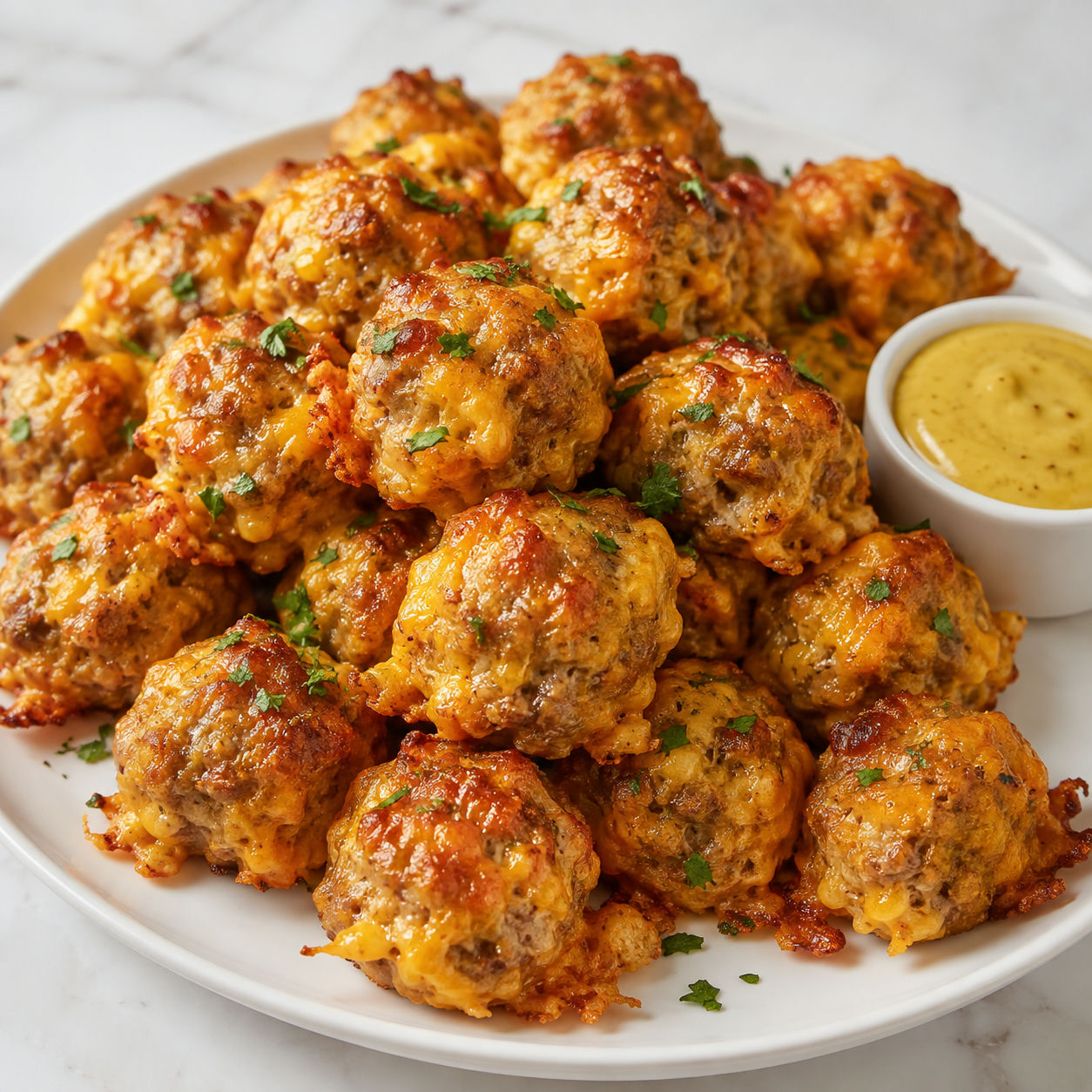 Golden cheddar sausage balls with parsley and honey mustard on a platter