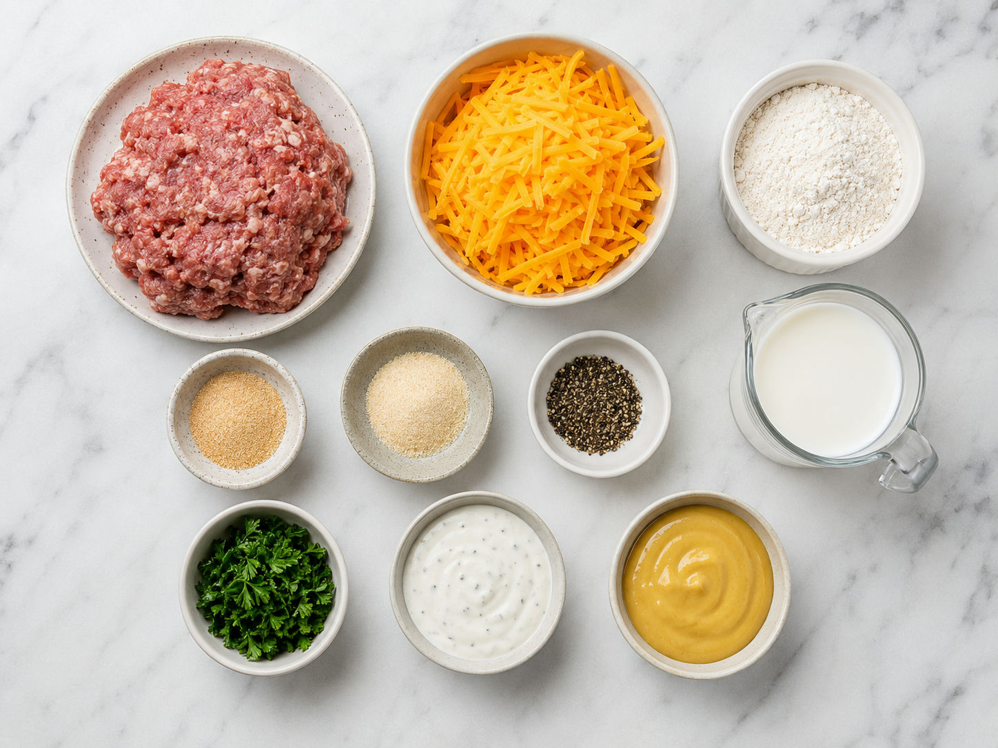 Raw sausage ball ingredients with cheddar, baking mix, milk, and spices