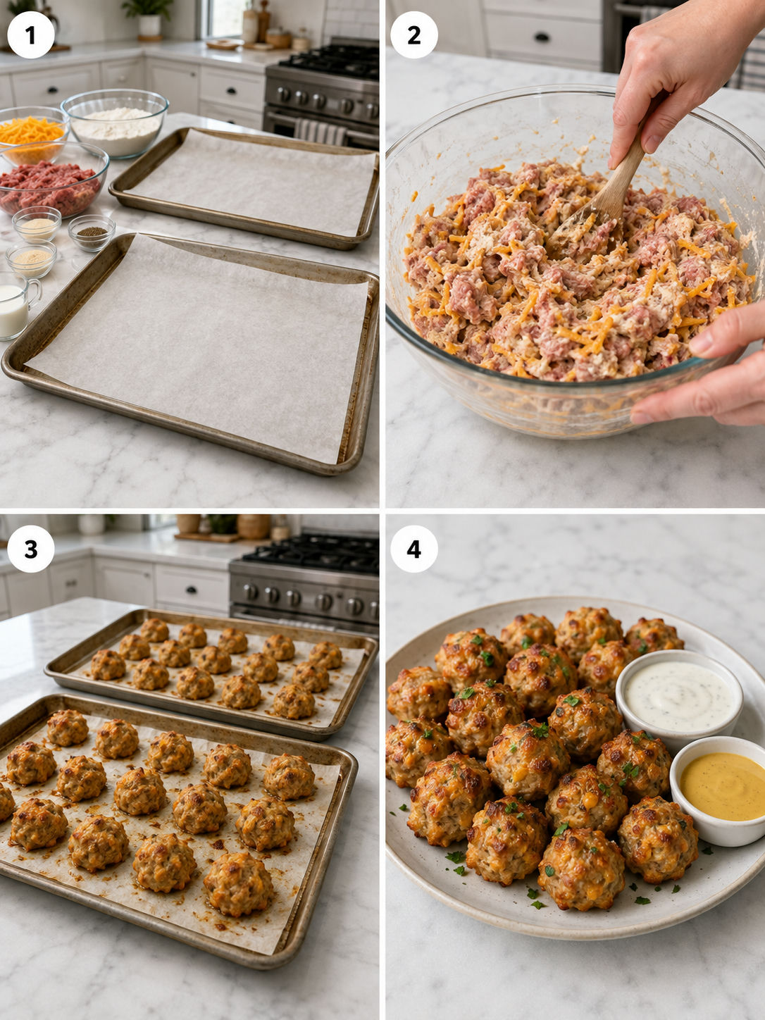Four steps for mixing, rolling, baking, and serving sausage balls