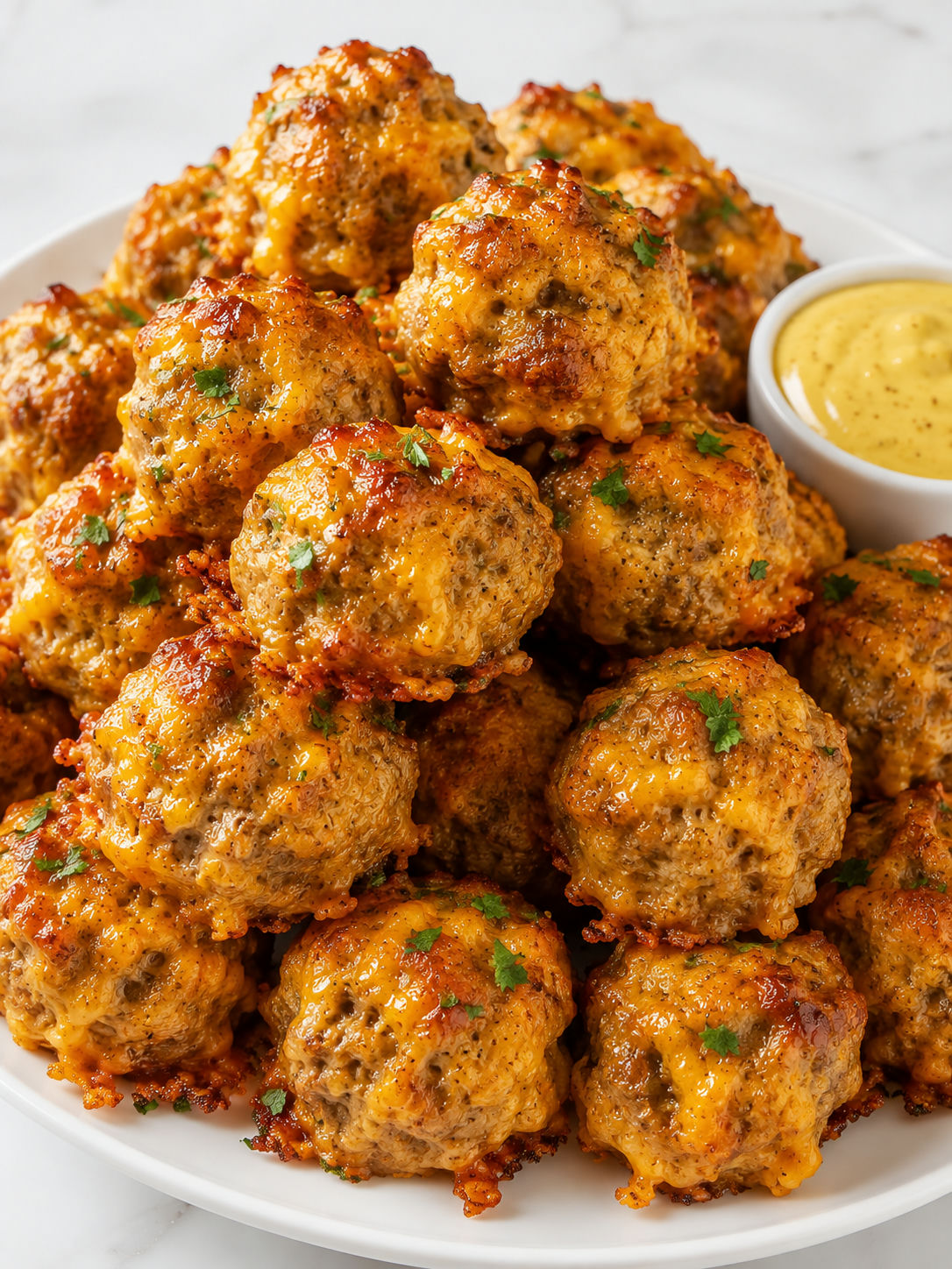 Cheddar sausage balls stacked with parsley and creamy dip