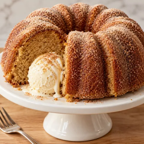 Apple cider donut cake slice with vanilla ice cream and cinnamon sugar