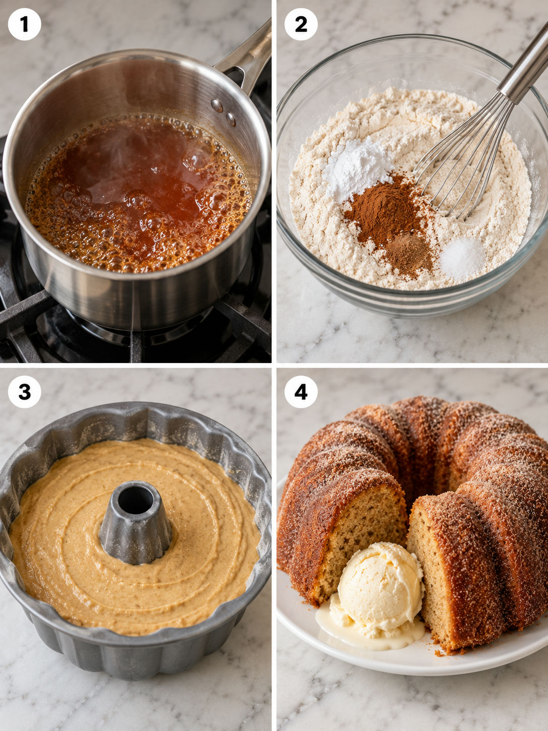Four steps for making apple cider donut cake with cinnamon sugar